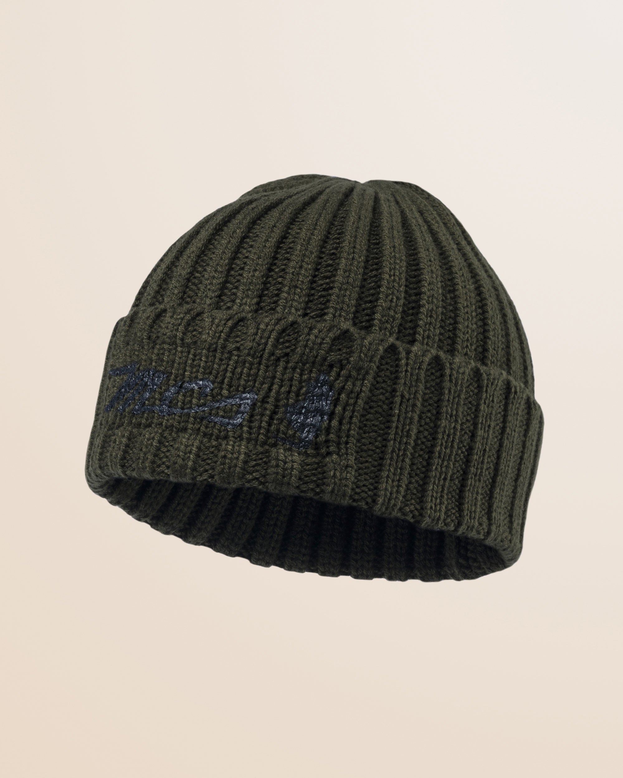 Berretto Beanie a Coste in Poliestere Riciclato fronte - Olive Night