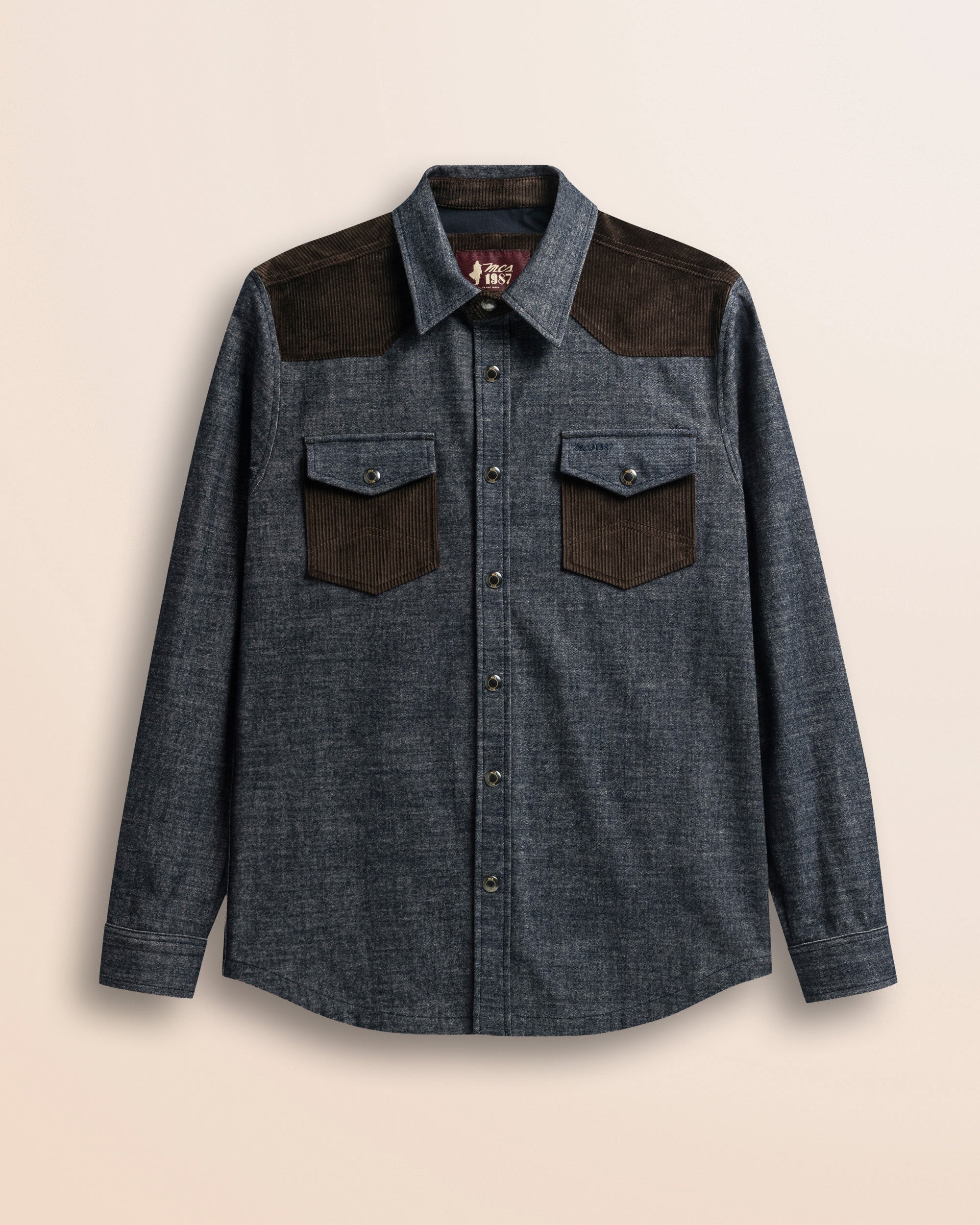 Camicia Western in Flanella Effetto Denim Scuro fronte - Light Blue Denim