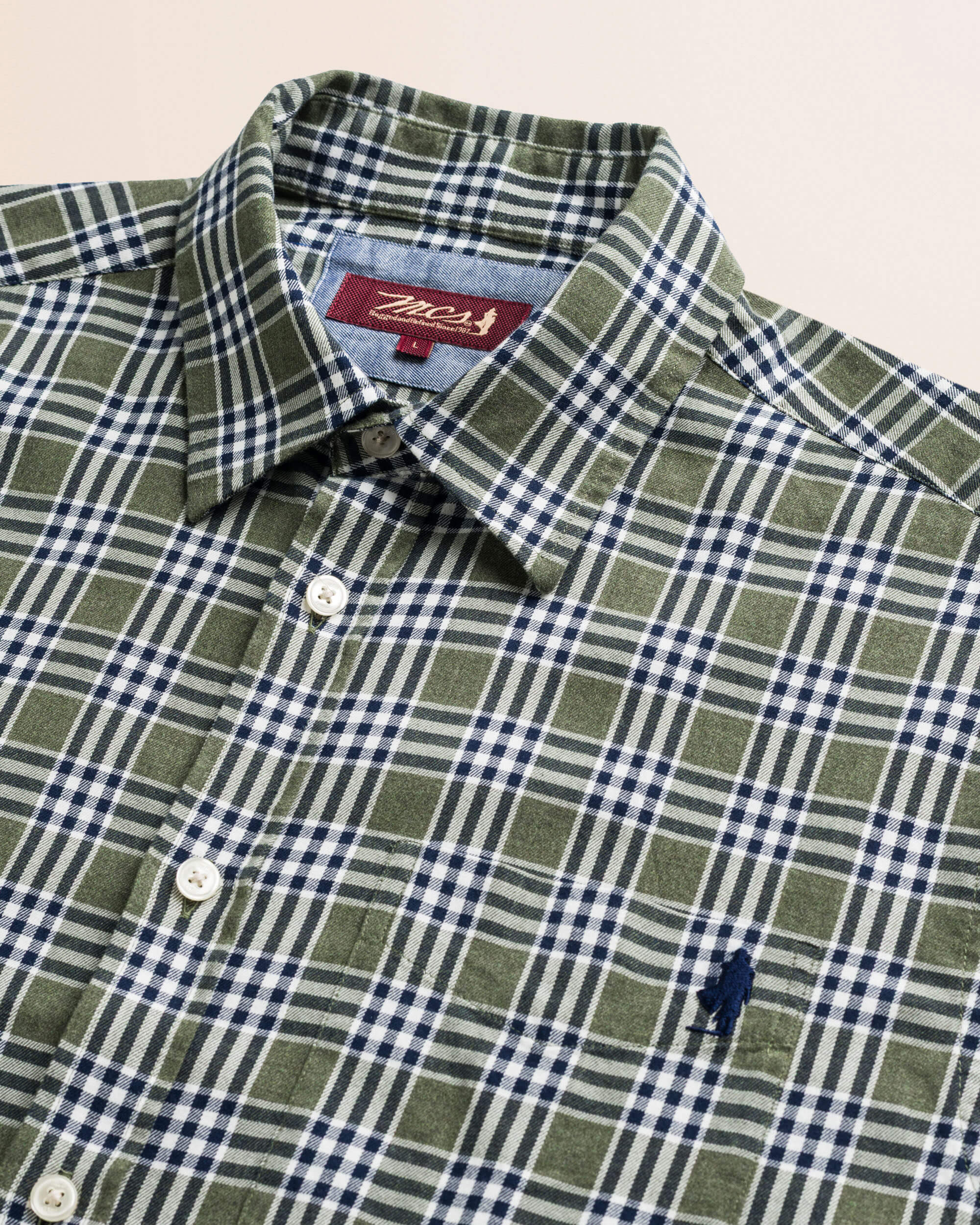 Camicia in Flanella Melange a Quadri Verde e Blu dettaglio colletto - Green Melange Check