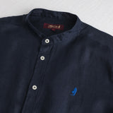 Camicia 100% lino con collo alla coreana - Navy Blue