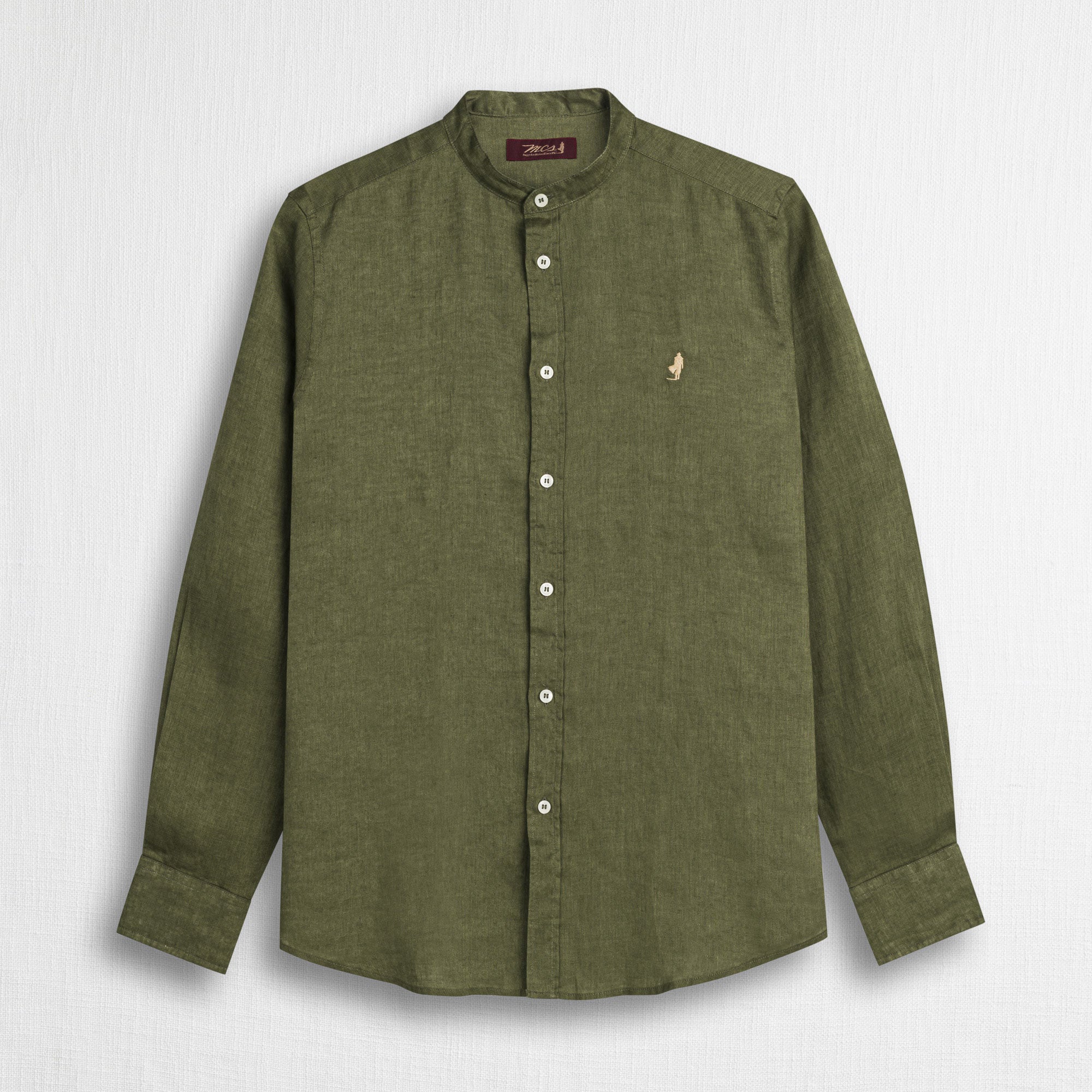 Camicia 100% lino con collo alla coreana - Dark Olive