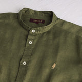 Camicia 100% lino con collo alla coreana - Dark Olive