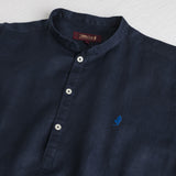 100% linen serafino shirt with mandarin collar - Navy Blue