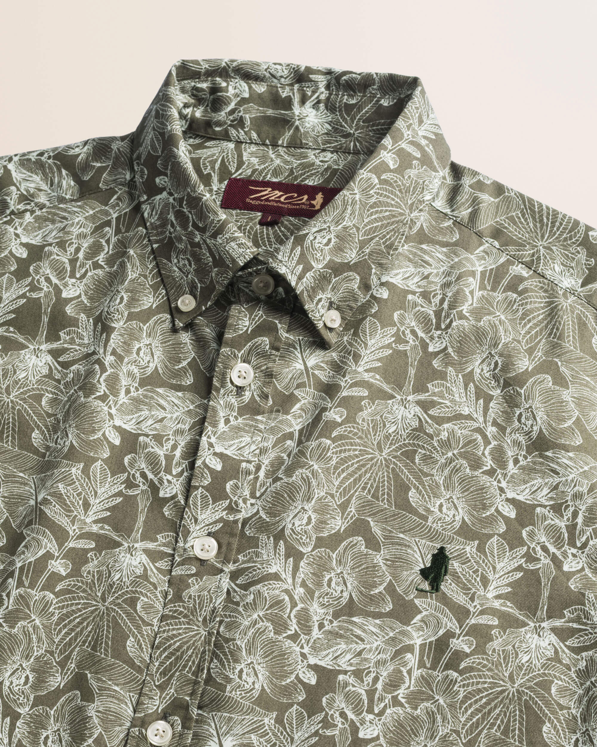 Camicia in Twill di Cotone Stampa Floreale dettaglio colletto - Green Flower Print