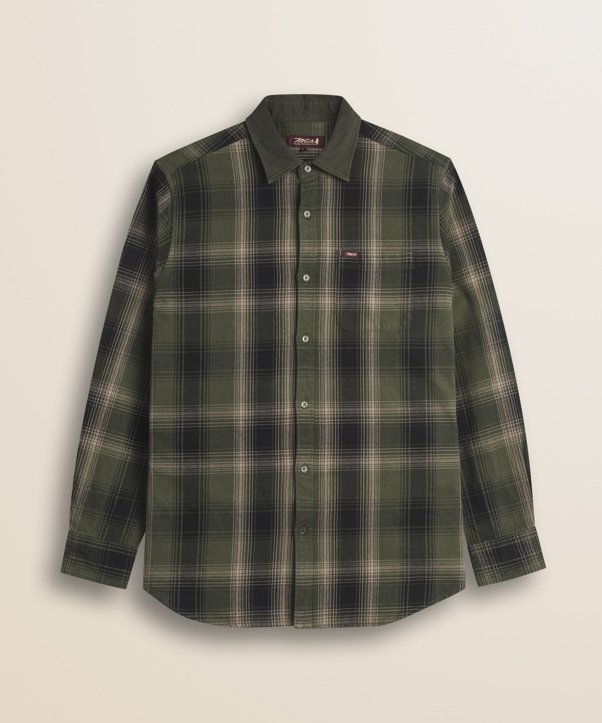 Camicia a Quadri in Cotone Pesante con Collo a Contrasto fronte - Dark Green Check