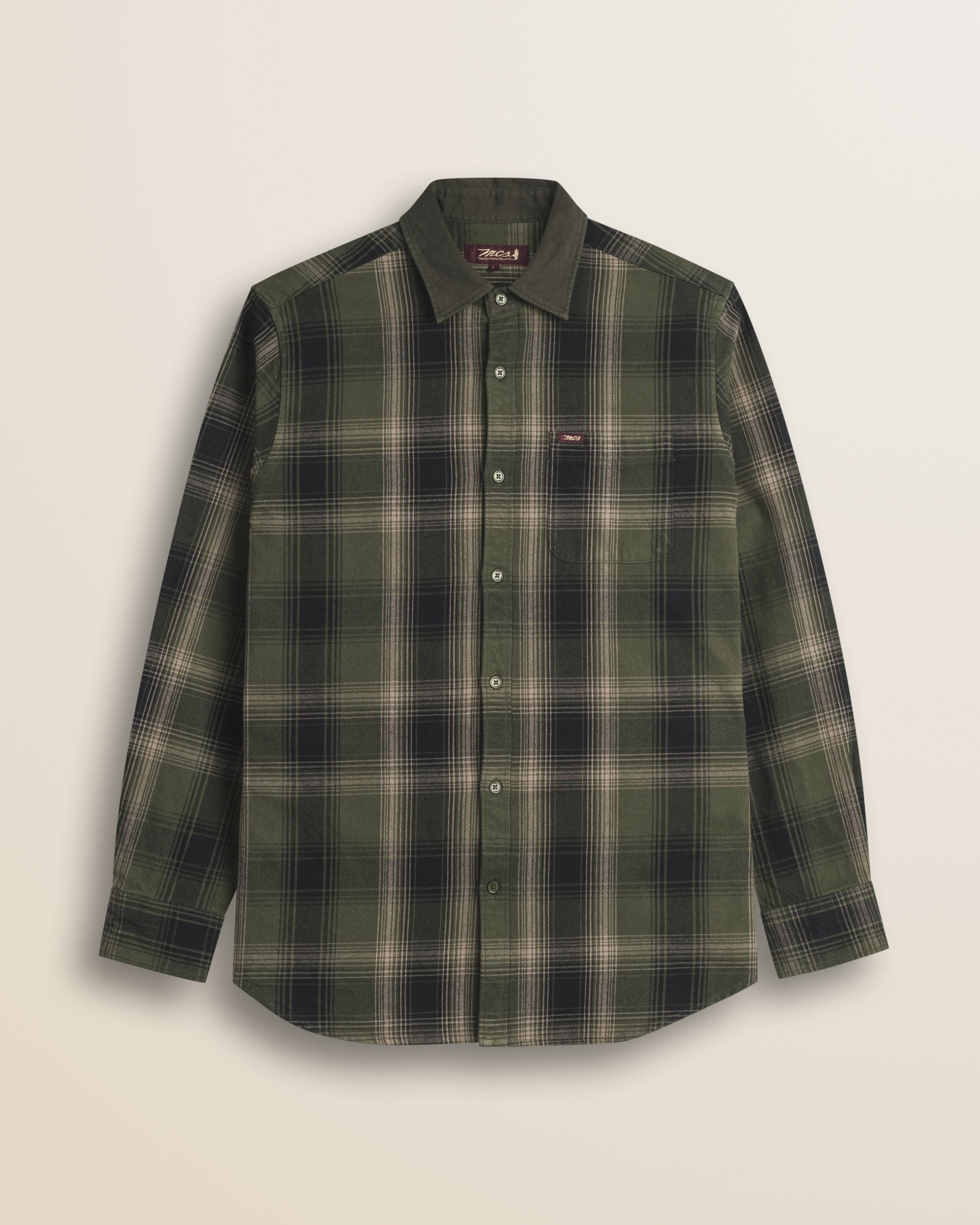 Camicia a Quadri in Cotone Pesante con Collo a Contrasto fronte - Dark Green Check