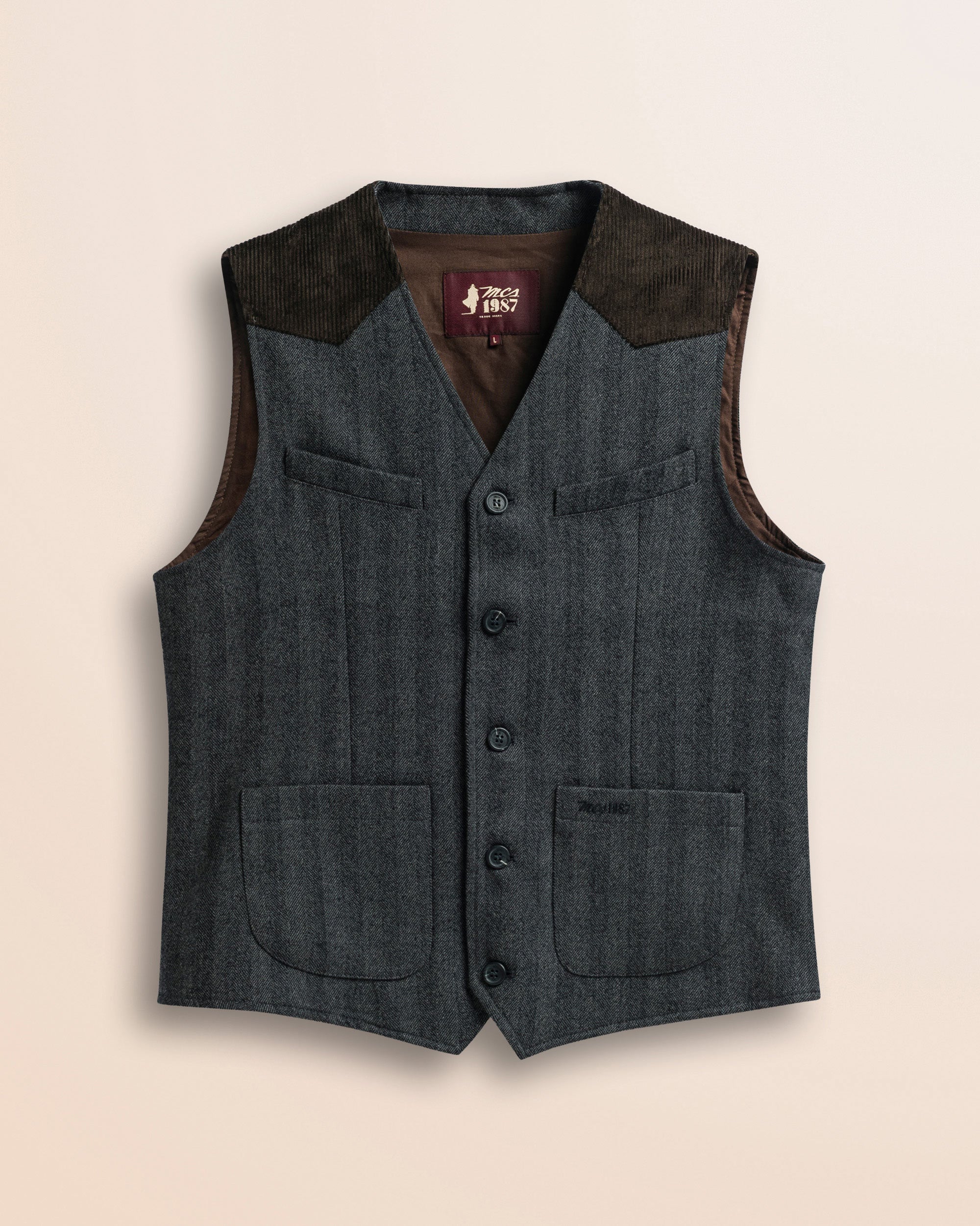 Gilet in Lana Herringbone fronte - Herringbone Grey Melange