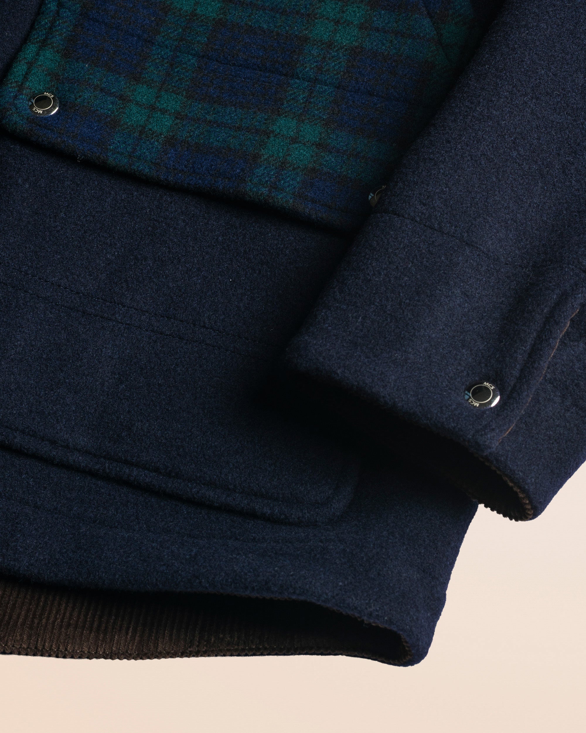 Caban in lana check Black Watch dettaglio manica - Blue Navy