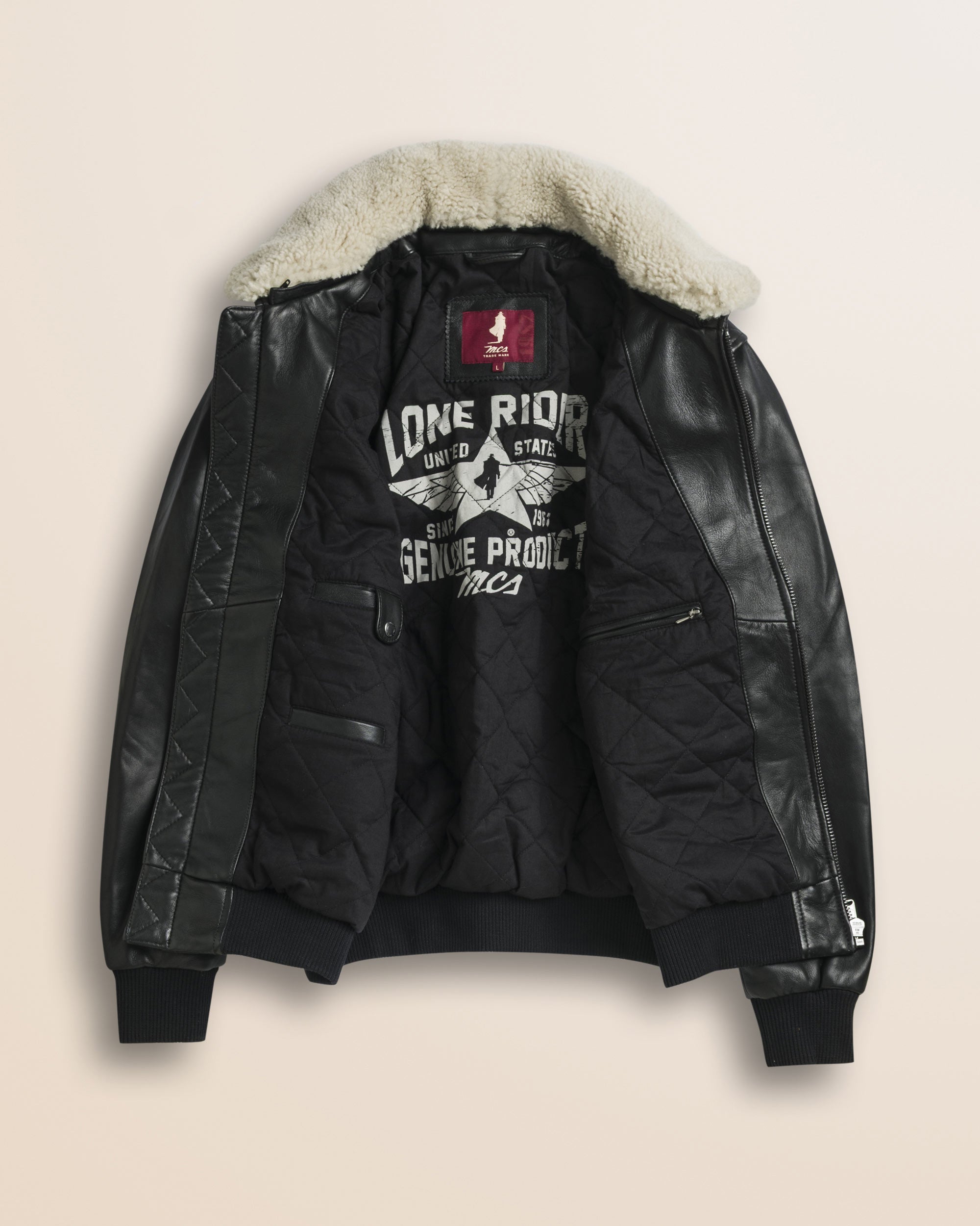 Giubbotto Aviatore in Pelle con Collo Staccabile dettaglio interno - Black