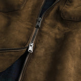 Giacca Harrington in Pelle Scamosciata Cerata dettaglio apertura - Cognac