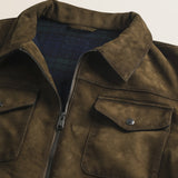 Giacca Harrington in Pelle Scamosciata Cerata dettaglio colletto - Cognac
