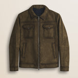 Giacca Harrington in Pelle Scamosciata Cerata fronte - Cognac