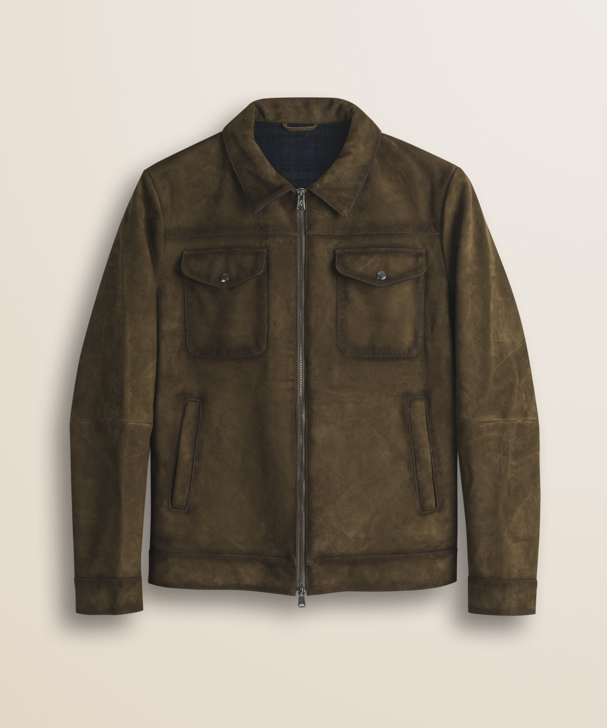 Giacca Harrington in Pelle Scamosciata Cerata fronte - Cognac