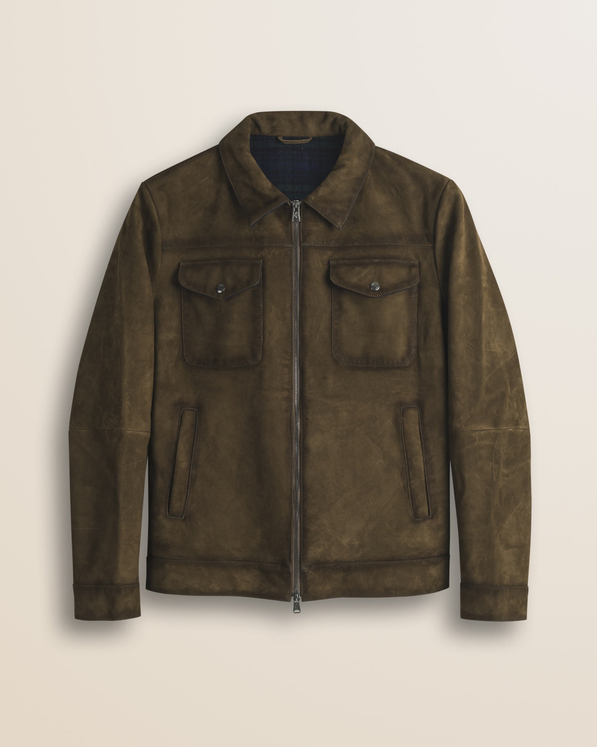 Giacca Harrington in Pelle Scamosciata Cerata fronte - Cognac