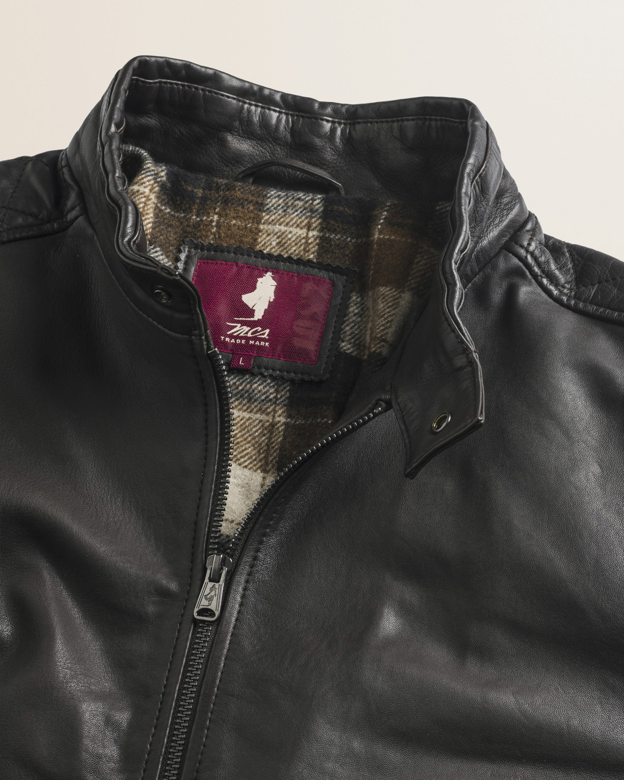 Giacca Biker in Pelle d'Agnello Cerata a Mano dettaglio colletto - Chocolate