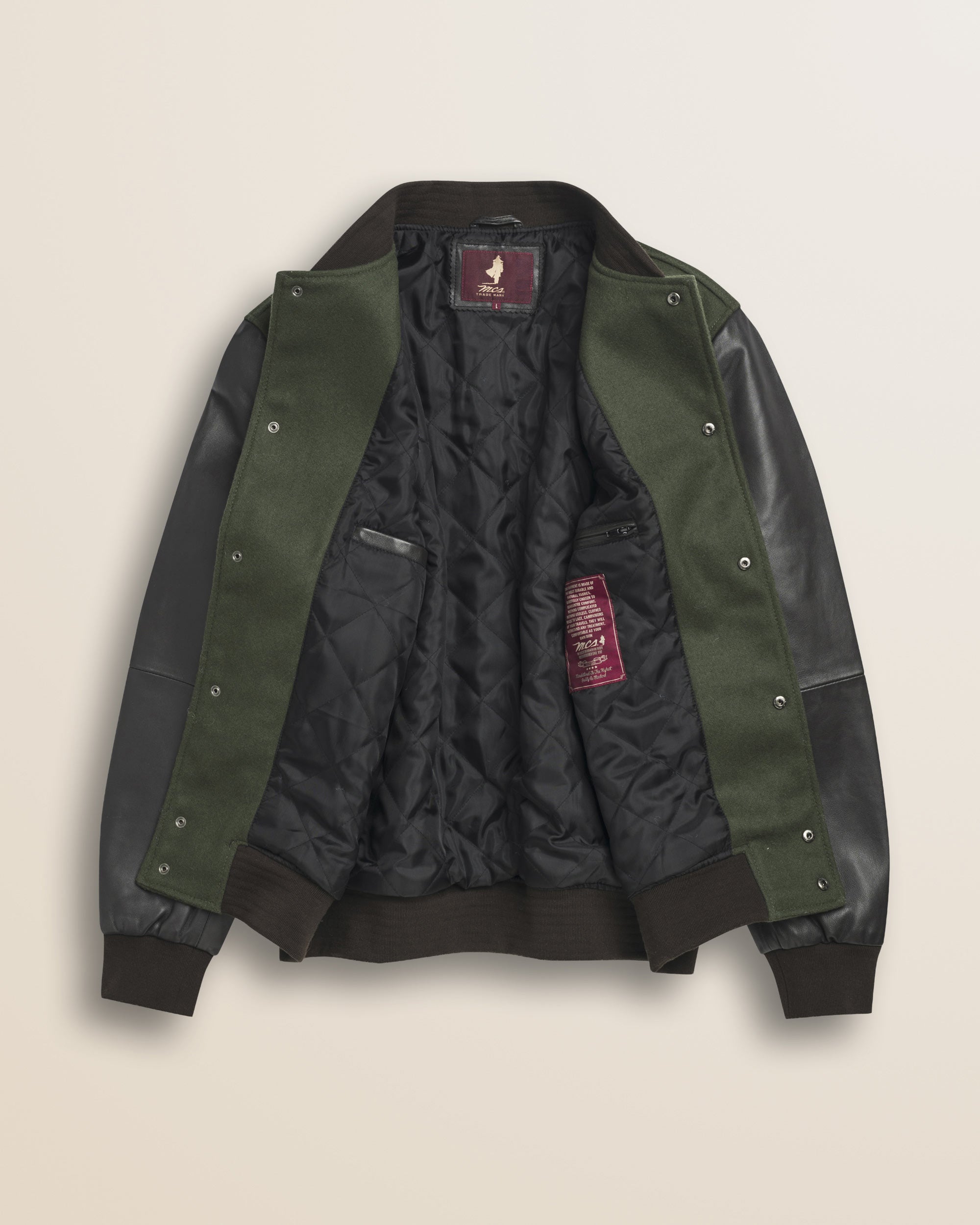 Bomber in Misto Lana con Maniche in Pelle dettaglio interno - Olive Night