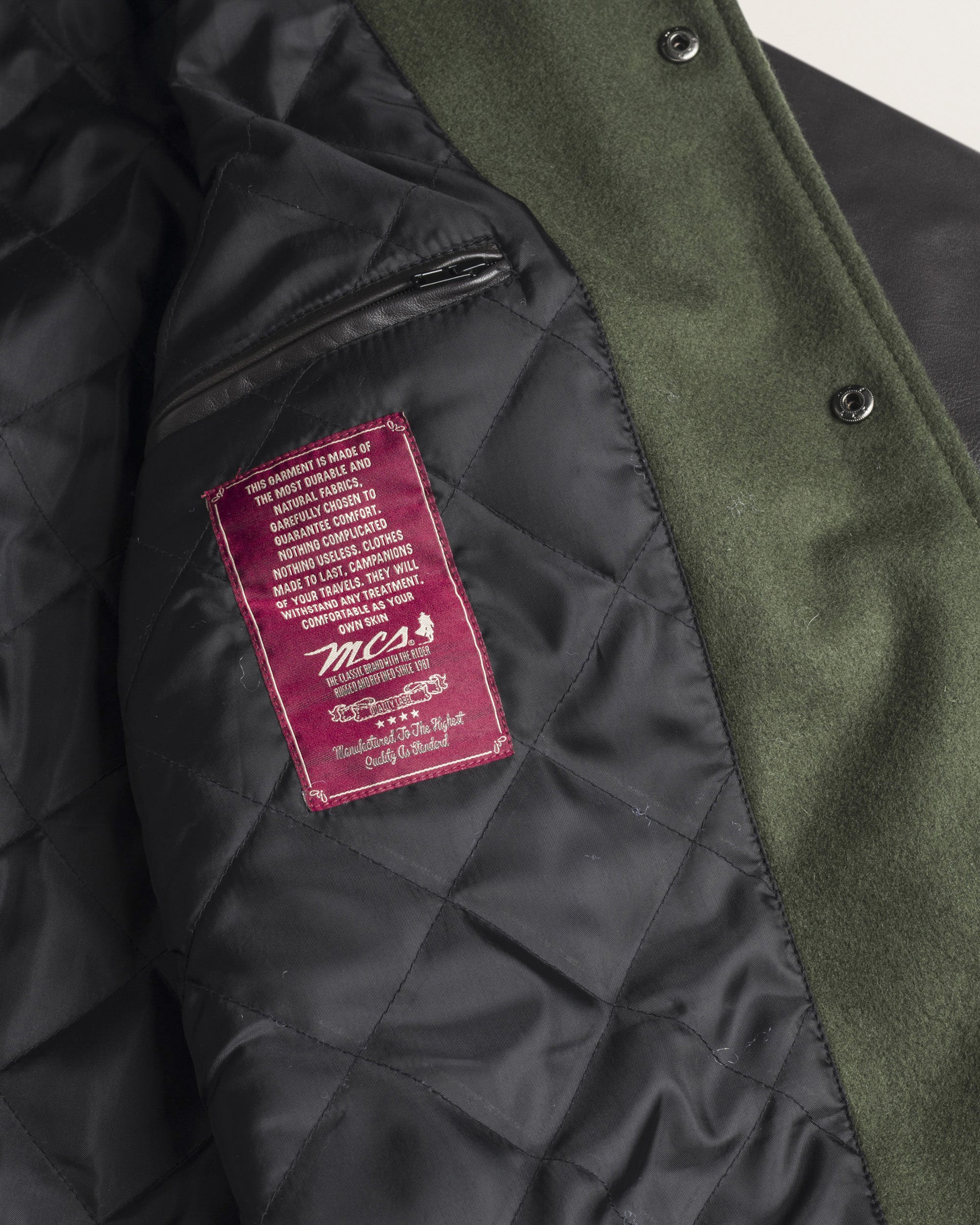 Bomber in Misto Lana con Maniche in Pelle dettaglio taschino interno - Olive Night