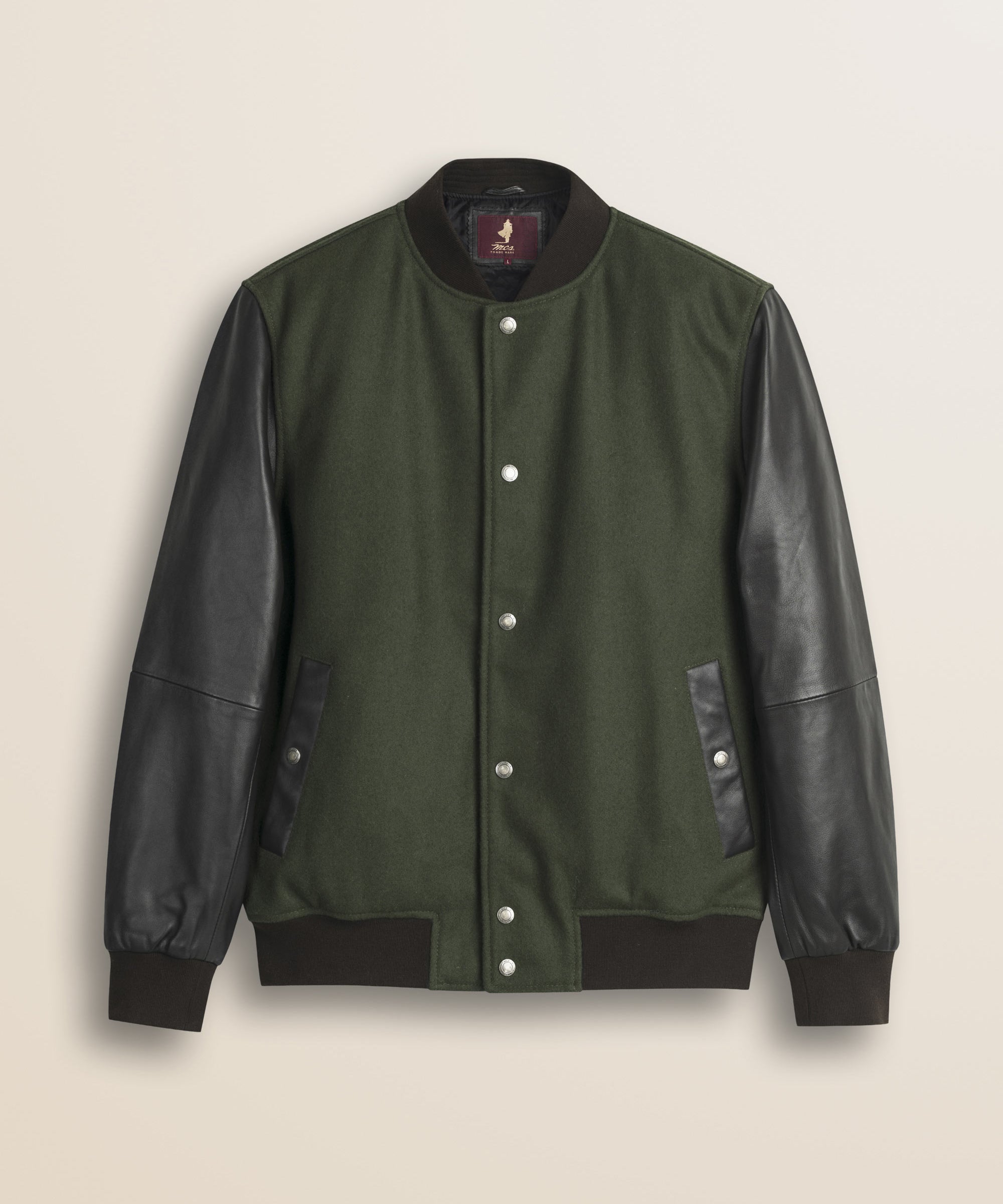 Bomber in Misto Lana con Maniche in Pelle fronte - Olive Night
