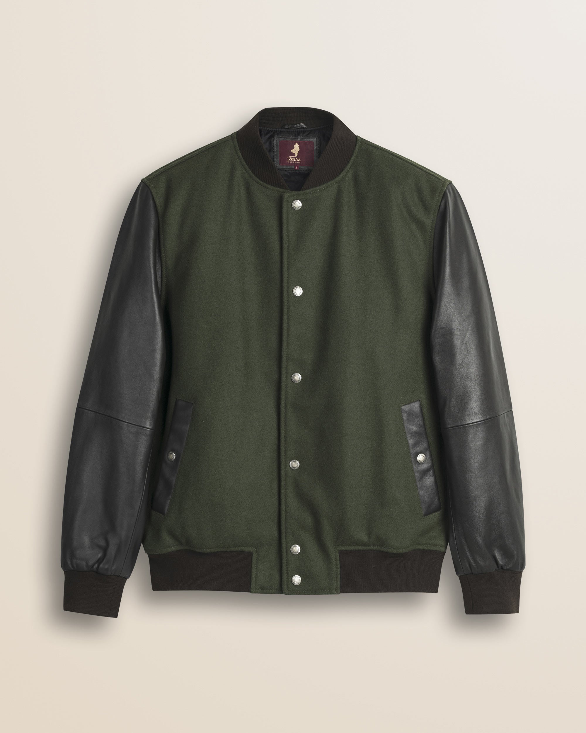Bomber in Misto Lana con Maniche in Pelle fronte - Olive Night