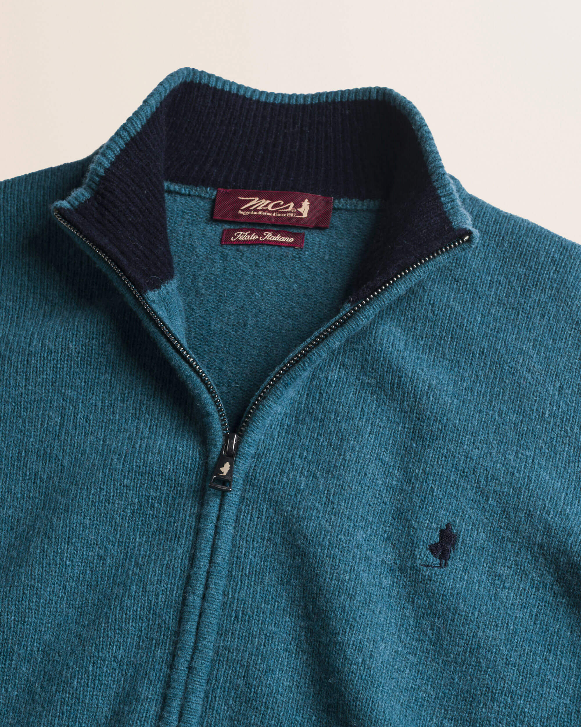 Maglione Full Zip in Lambswool  dettaglio - Atlantic Deep