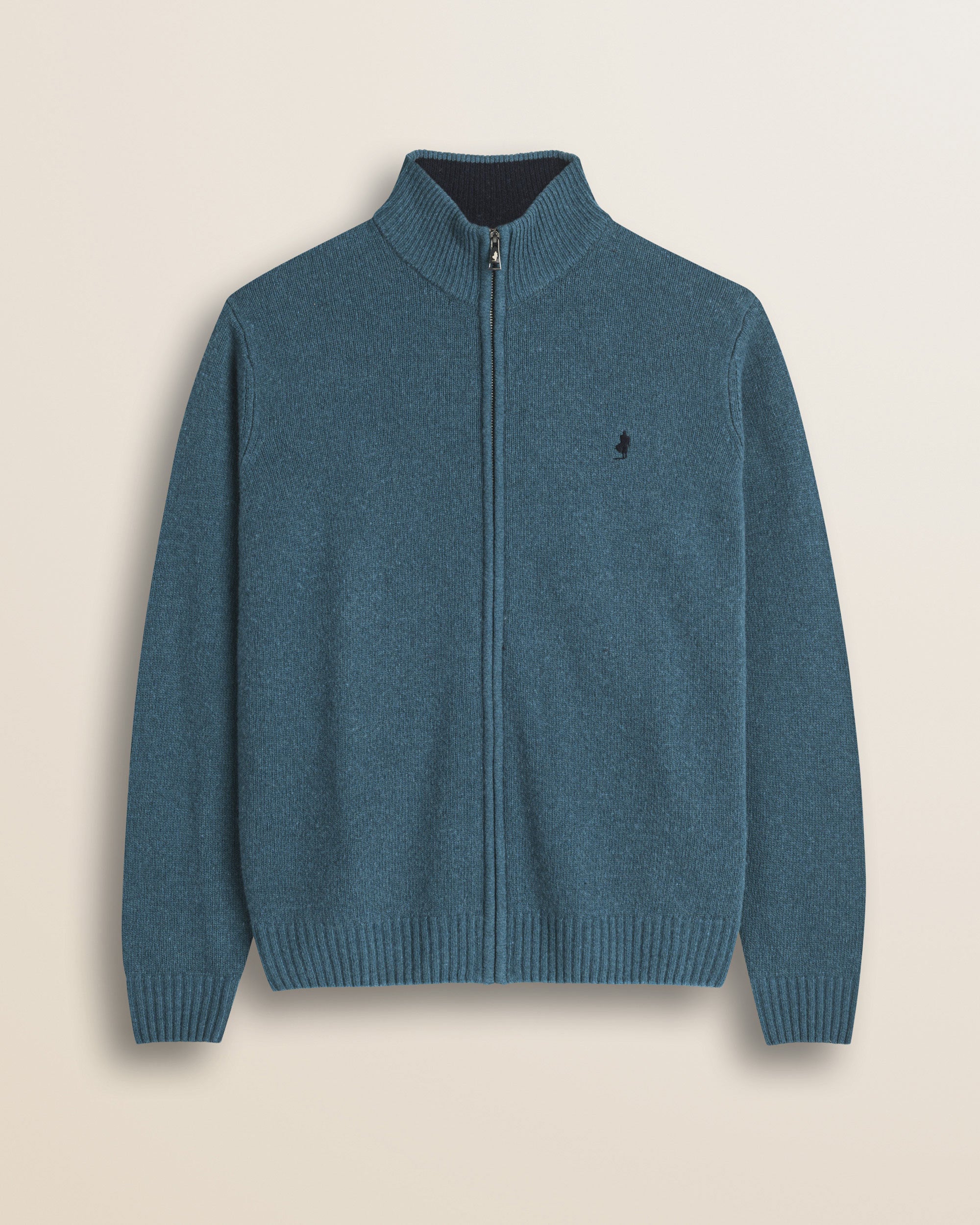Maglione Full Zip in Lambswool  fronte - Atlantic Deep