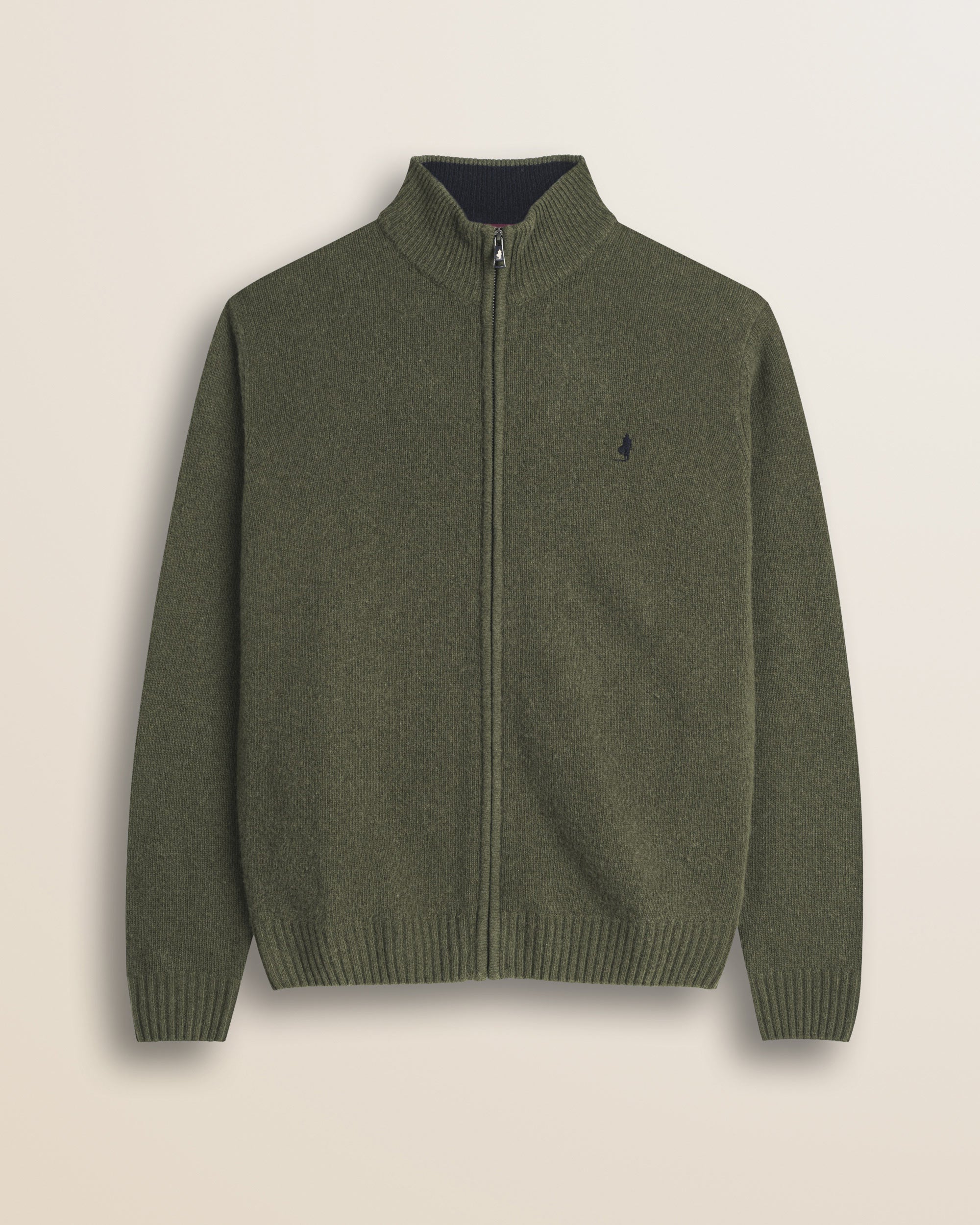 Maglione Full Zip in Lambswool  fronte - Olive Night