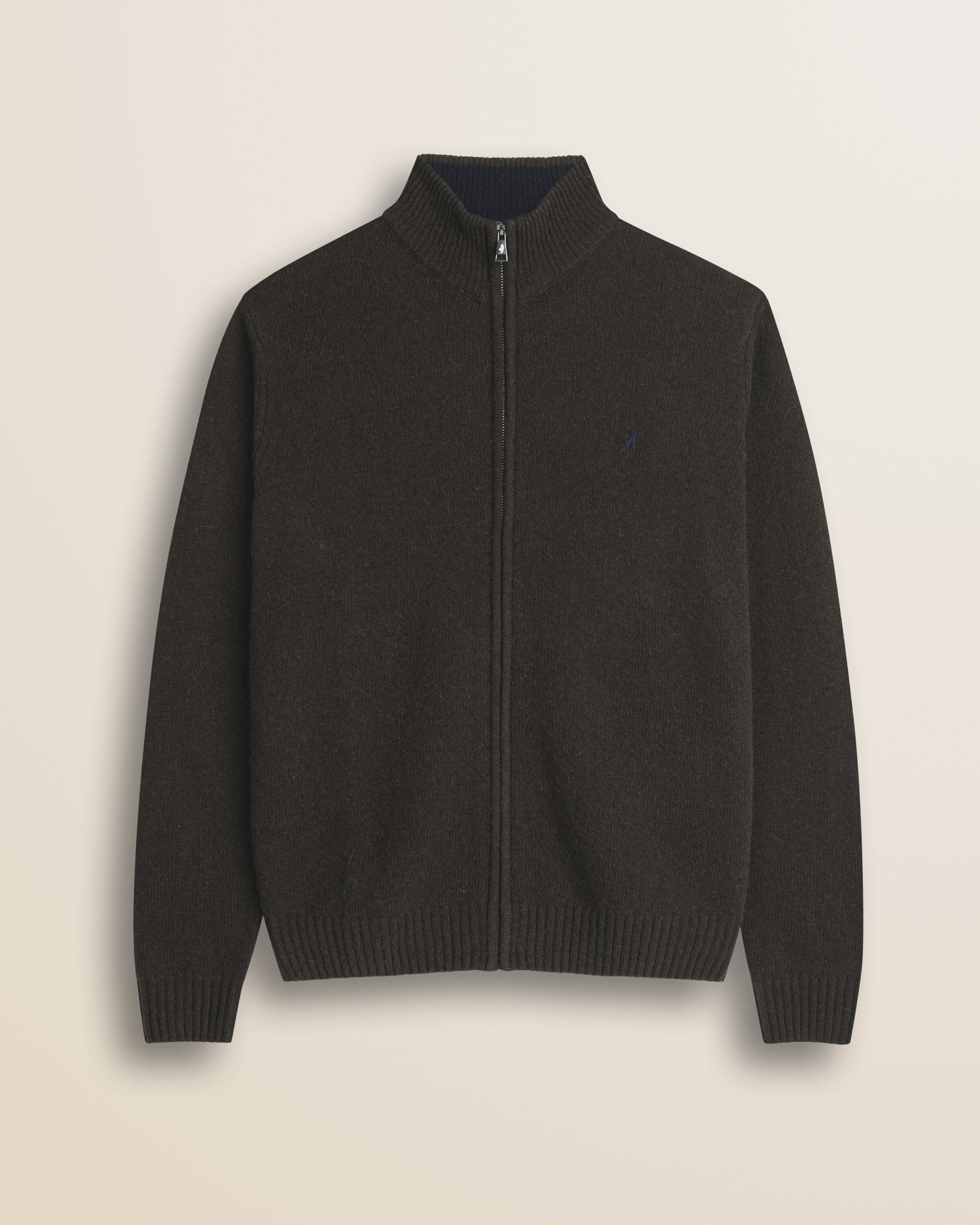 Maglione Full Zip in Lambswool  fronte - Chocolate