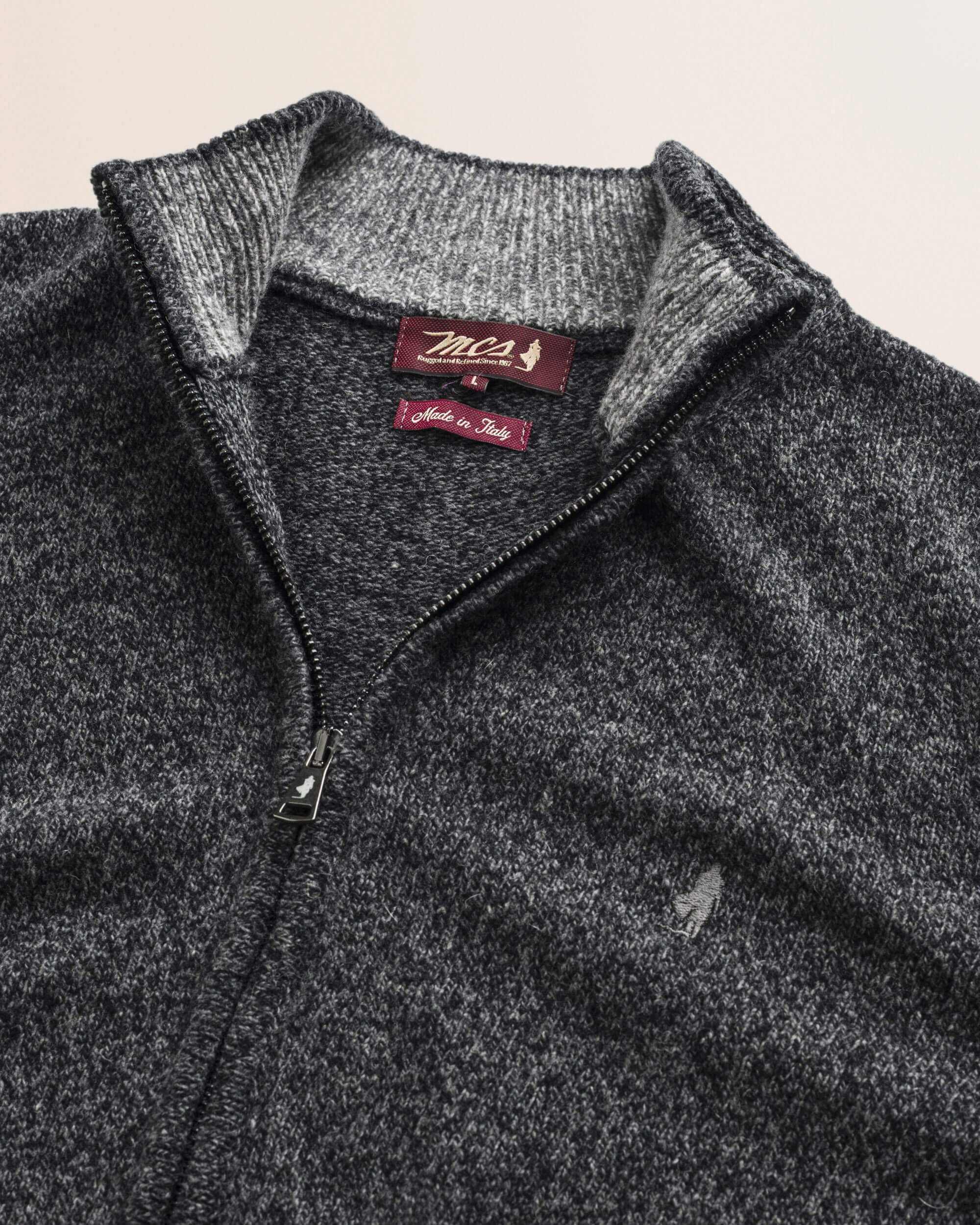 Maglione Full Zip in Lambswool Mouliné  dettaglio - Charcol