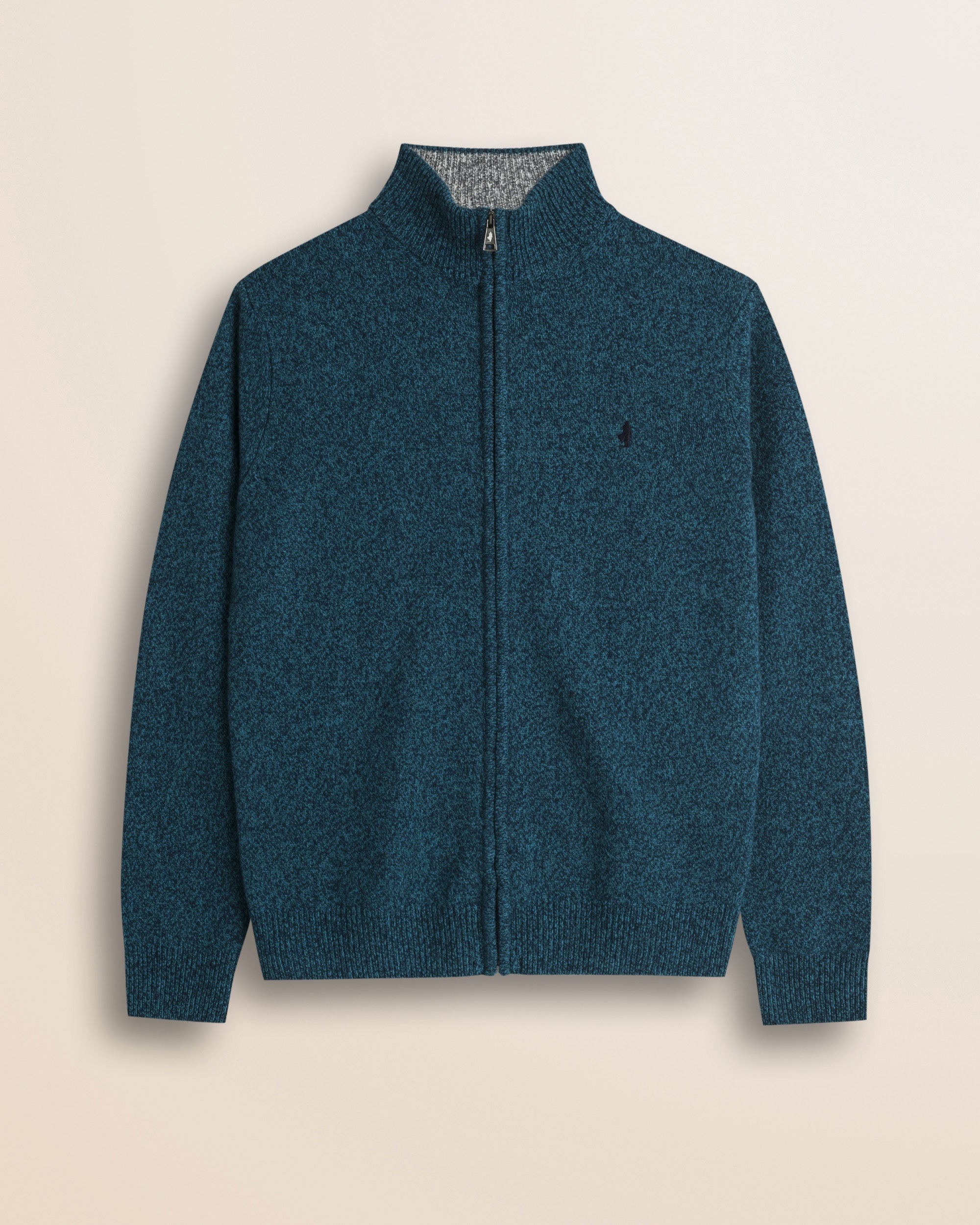 Maglione Full Zip in Lambswool Mouliné  fronte - Atlantic Deep
