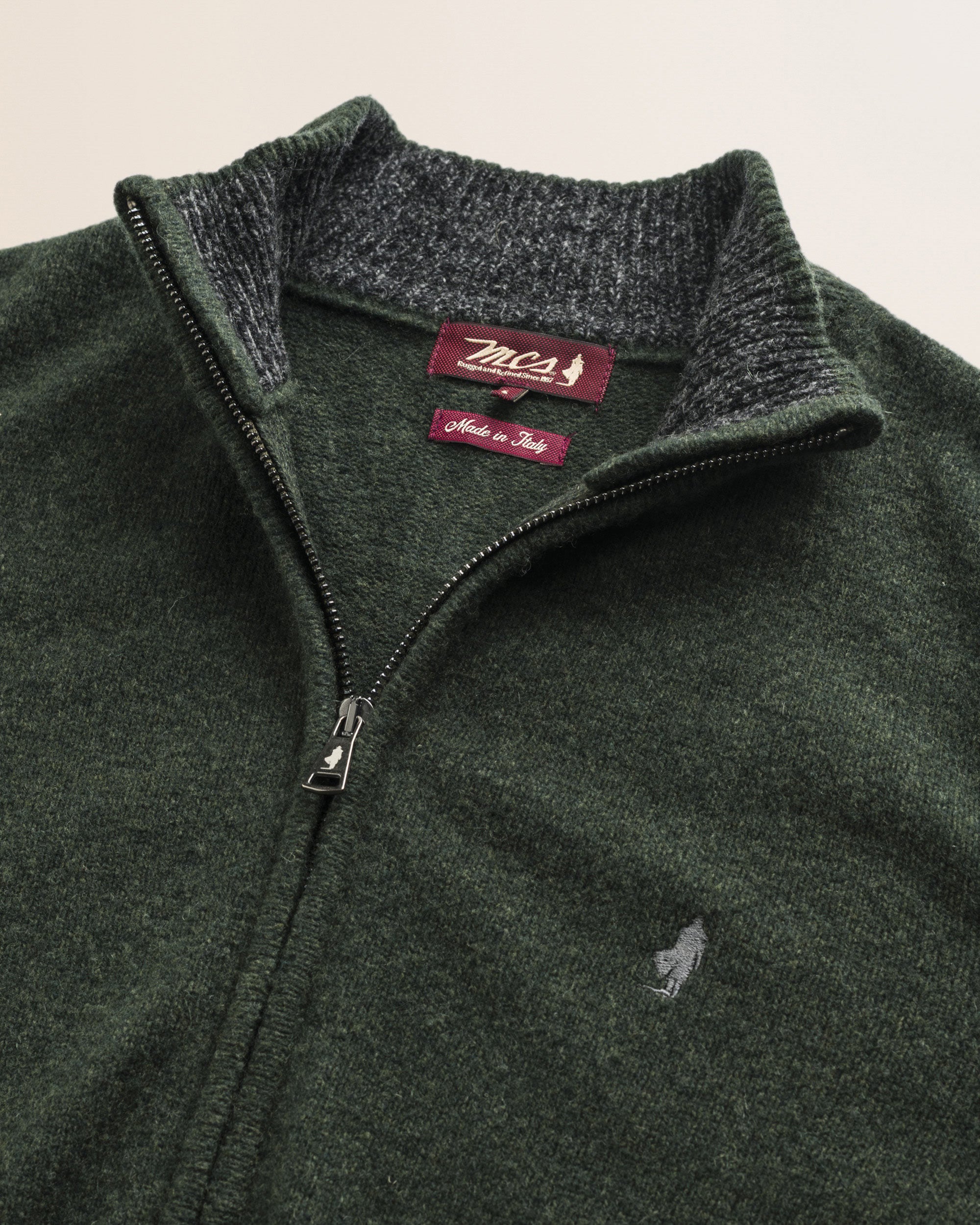 Maglione Full Zip in Lambswool Mouliné  dettaglio - Olive Night