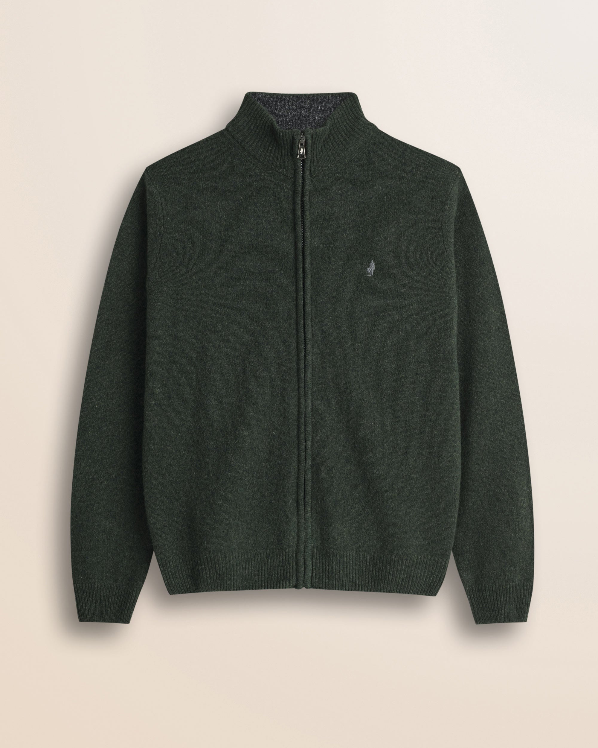 Maglione Full Zip in Lambswool Mouliné  fronte - Olive Night