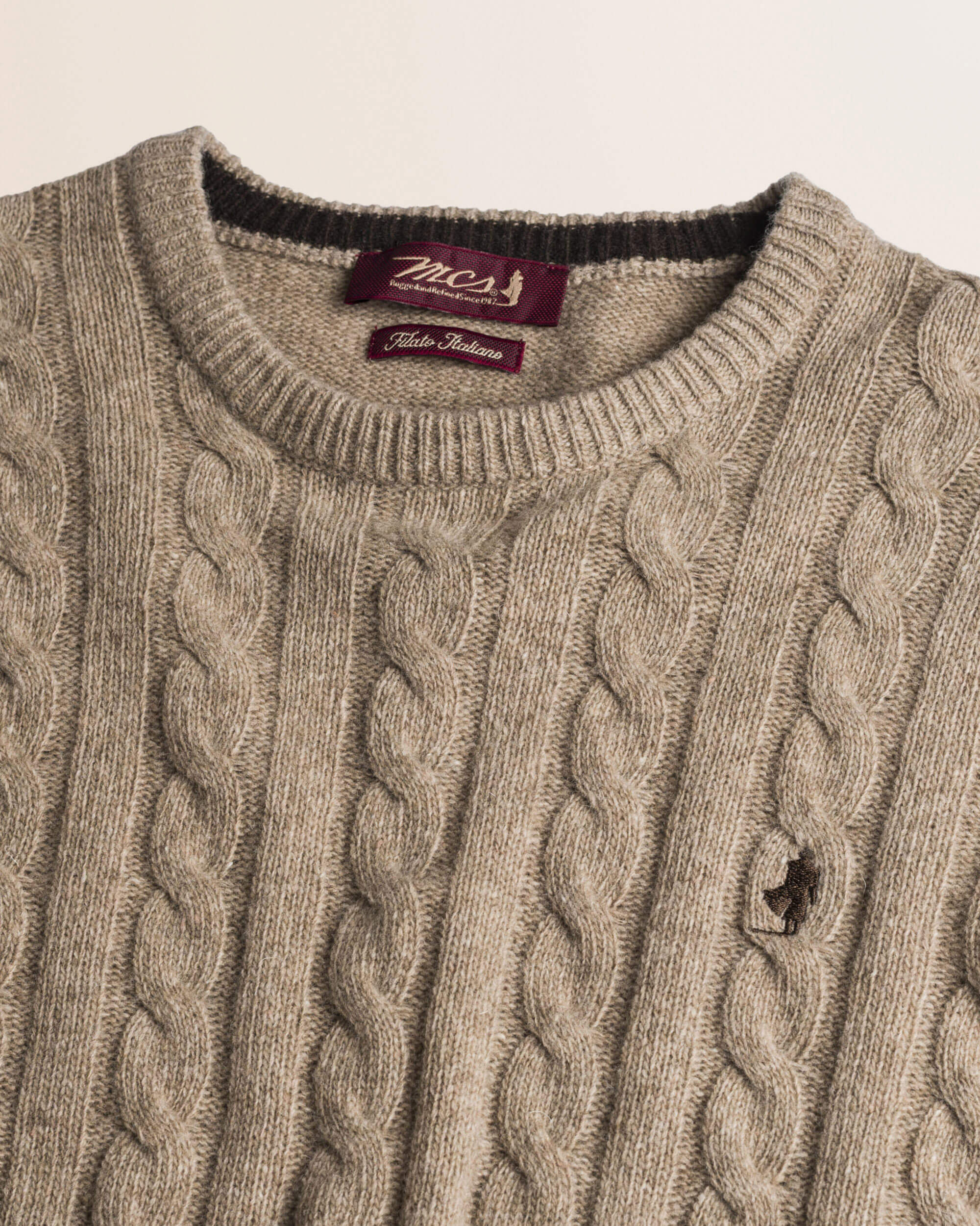 Maglione Girocollo a Trecce in Lambswool  dettaglio - Sand