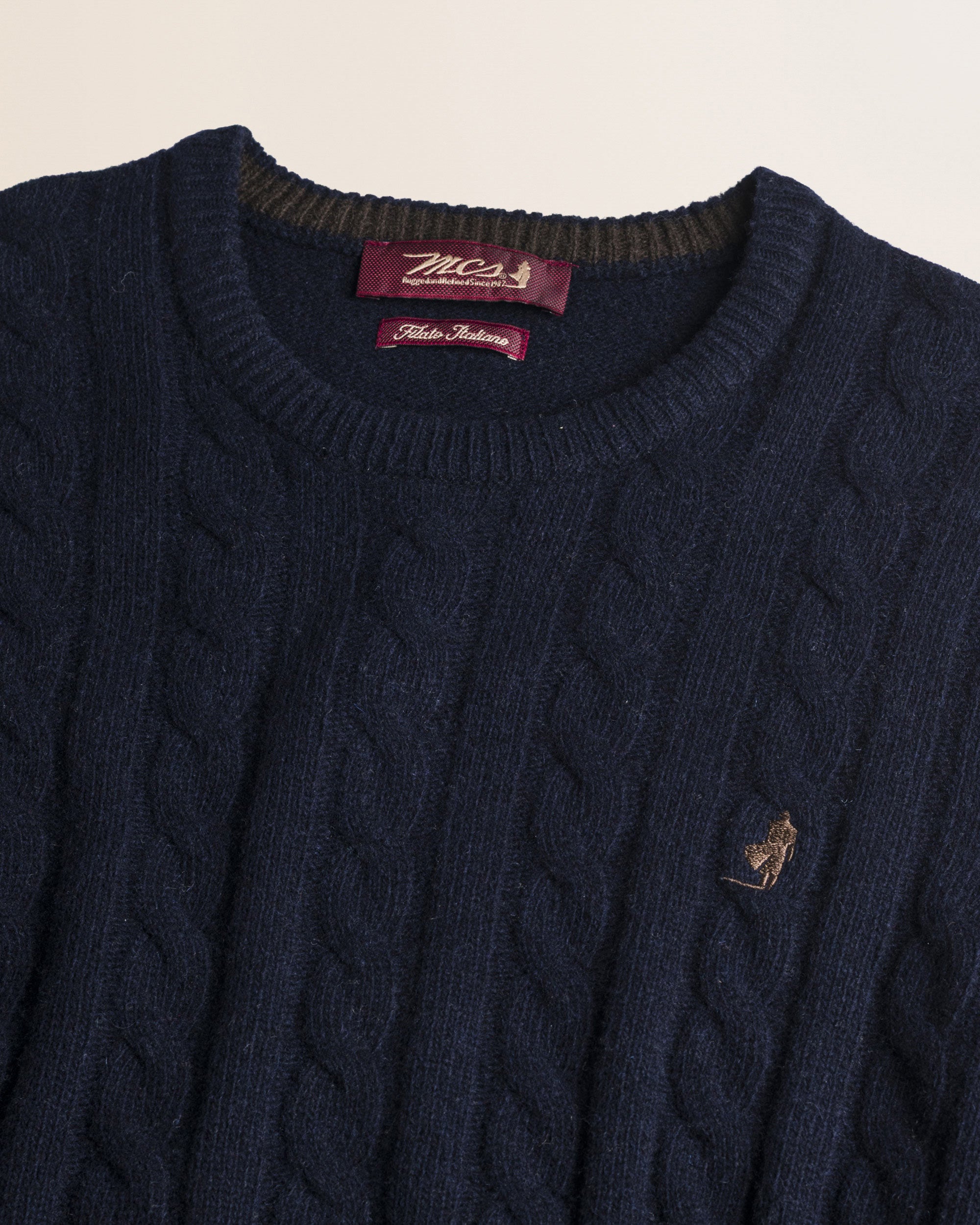 Maglione Girocollo a Trecce in Lambswool  dettaglio - Navy Blue