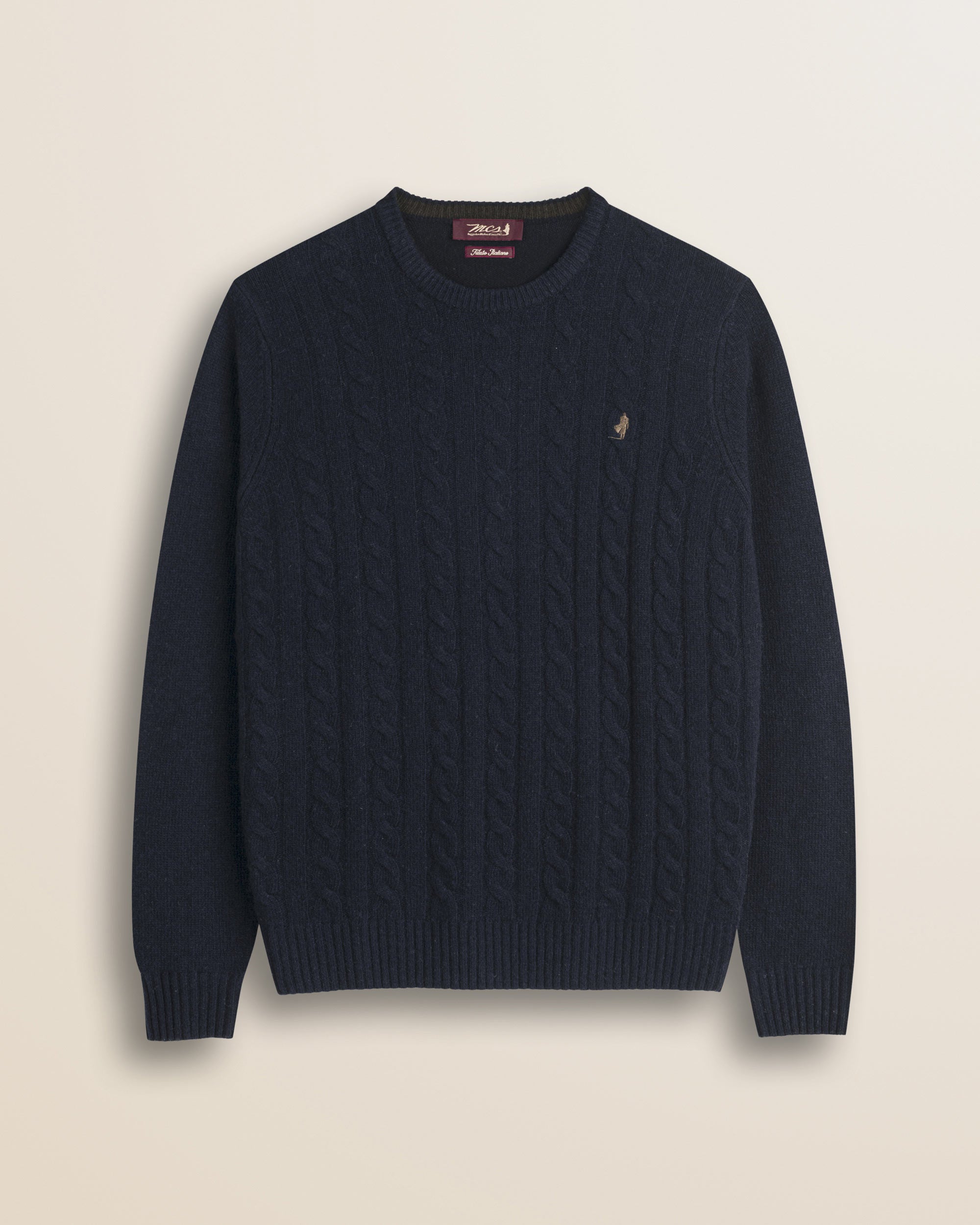 Maglione Girocollo a Trecce in Lambswool  fronte - Navy Blue