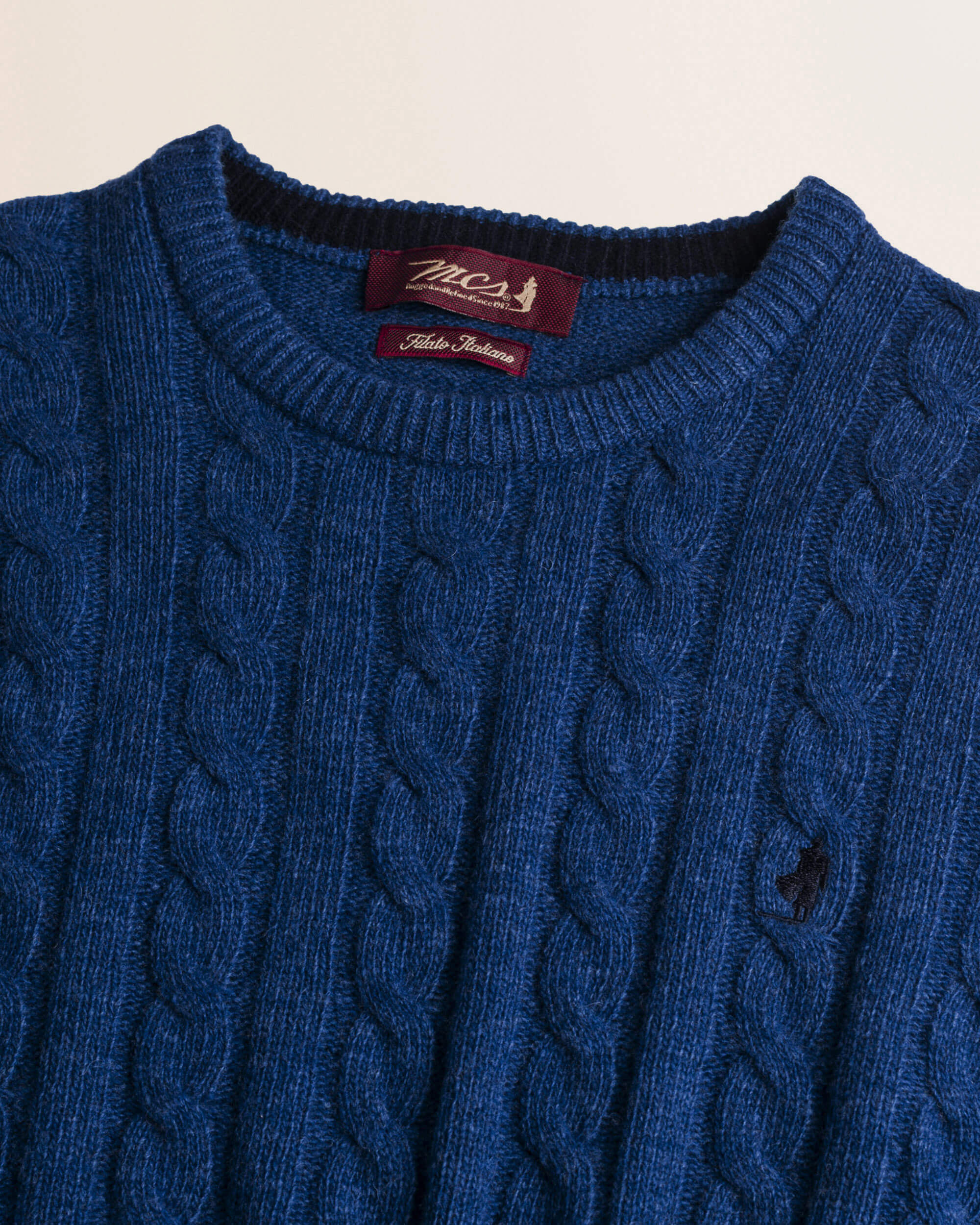 Maglione Girocollo a Trecce in Lambswool  dettaglio - Medium Blue