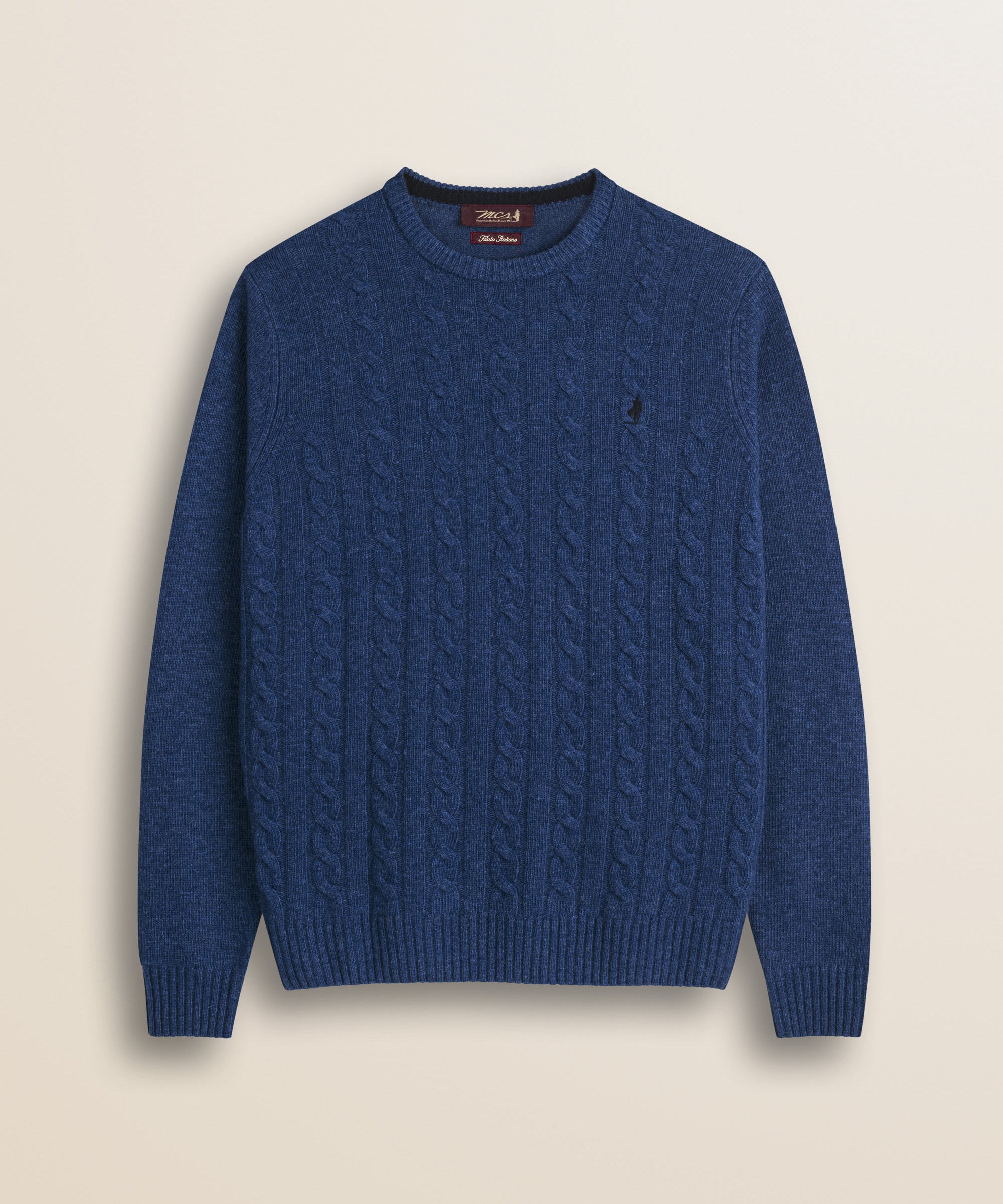 Maglione Girocollo a Trecce in Lambswool  fronte - Medium Blue