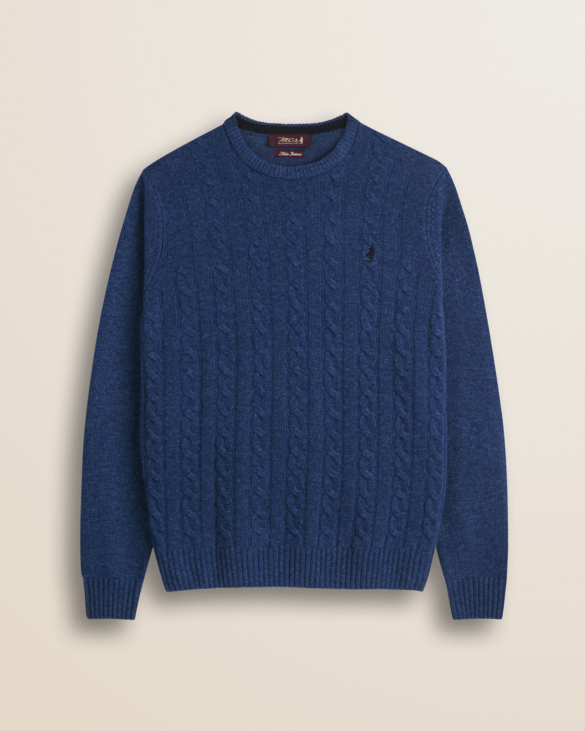 Maglione Girocollo a Trecce in Lambswool  fronte - Medium Blue