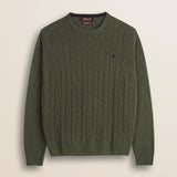 Maglione Girocollo a Trecce in Lambswool  fronte - Olive Night