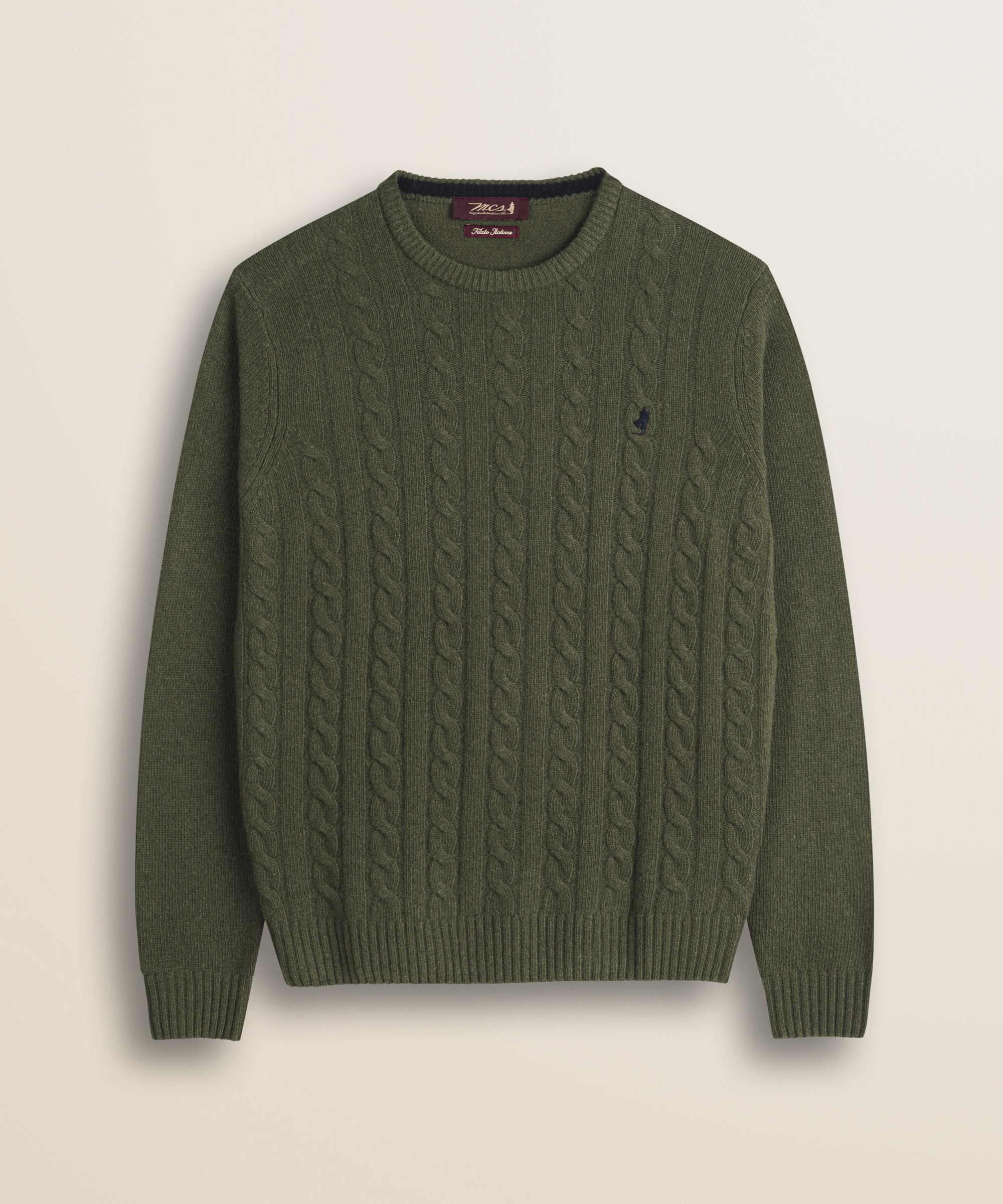 Maglione Girocollo a Trecce in Lambswool  fronte - Olive Night