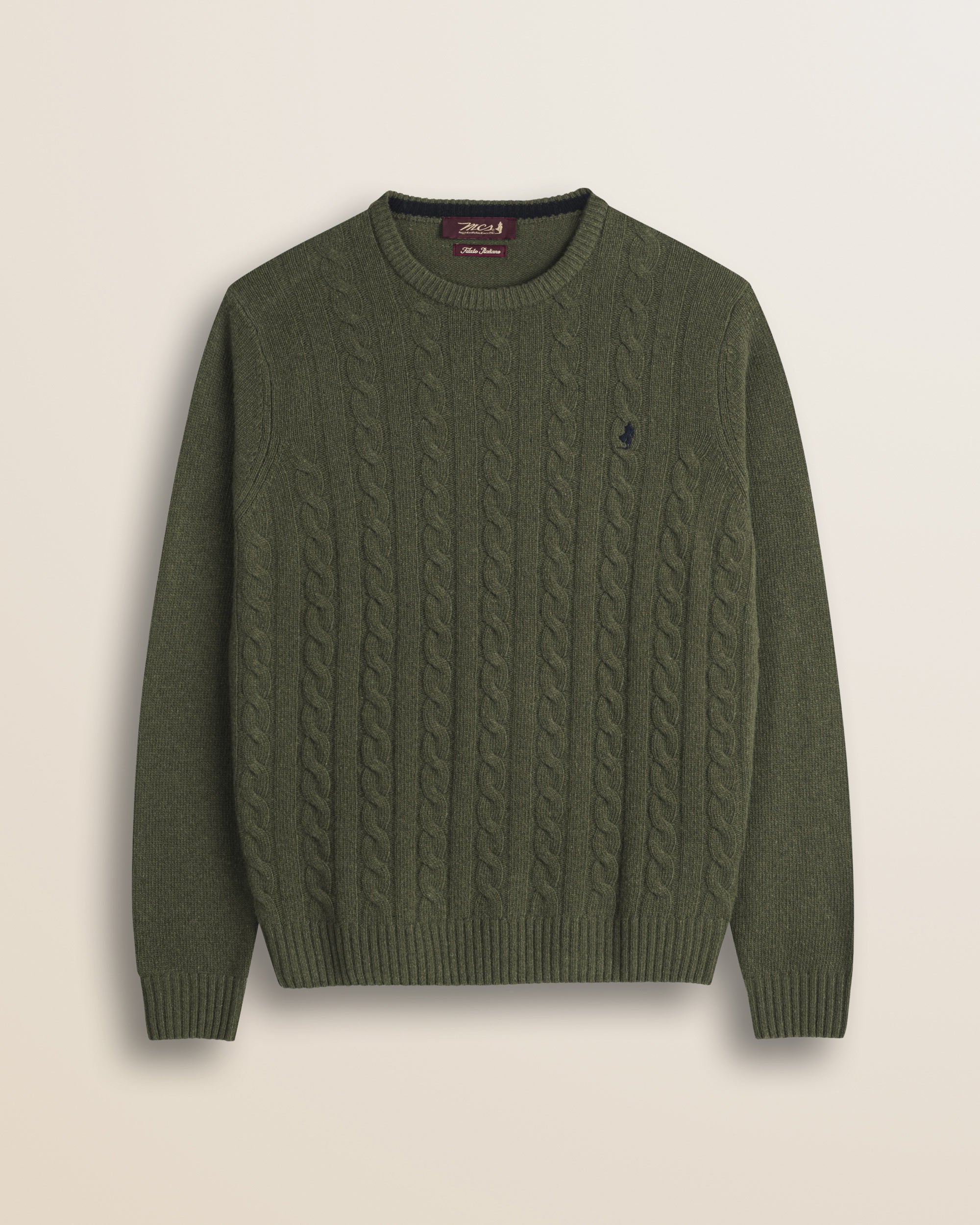 Maglione Girocollo a Trecce in Lambswool  fronte - Olive Night