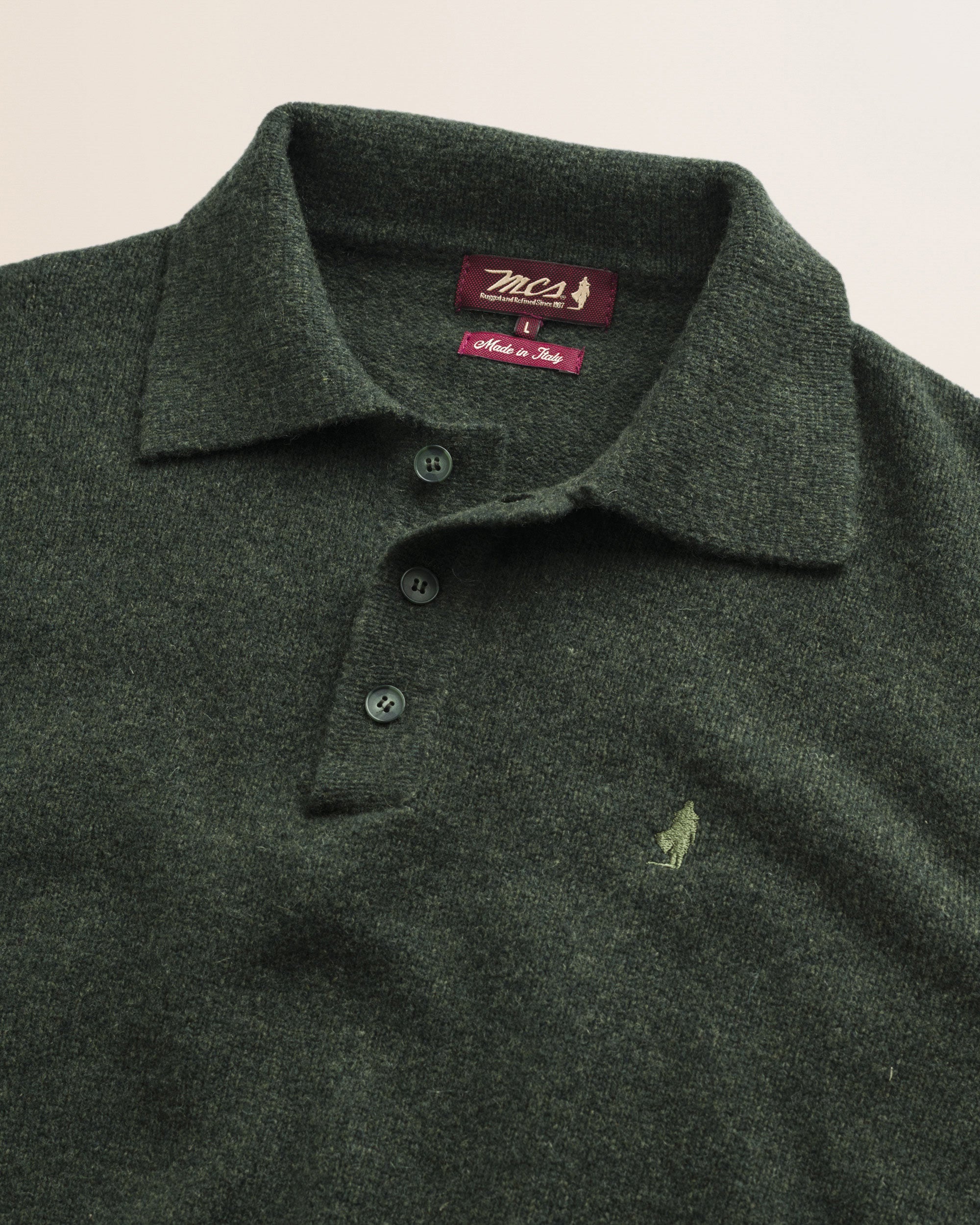 Maglione Polo in Lambswool Mouliné  dettaglio - Olive Night