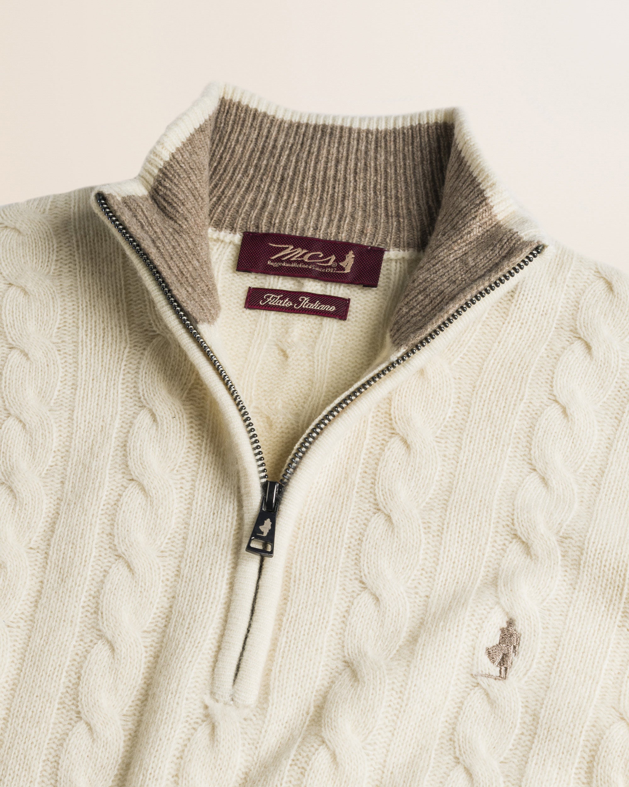 Maglione Mezza Zip a Trecce in Lambswool  dettaglio - Gardenia