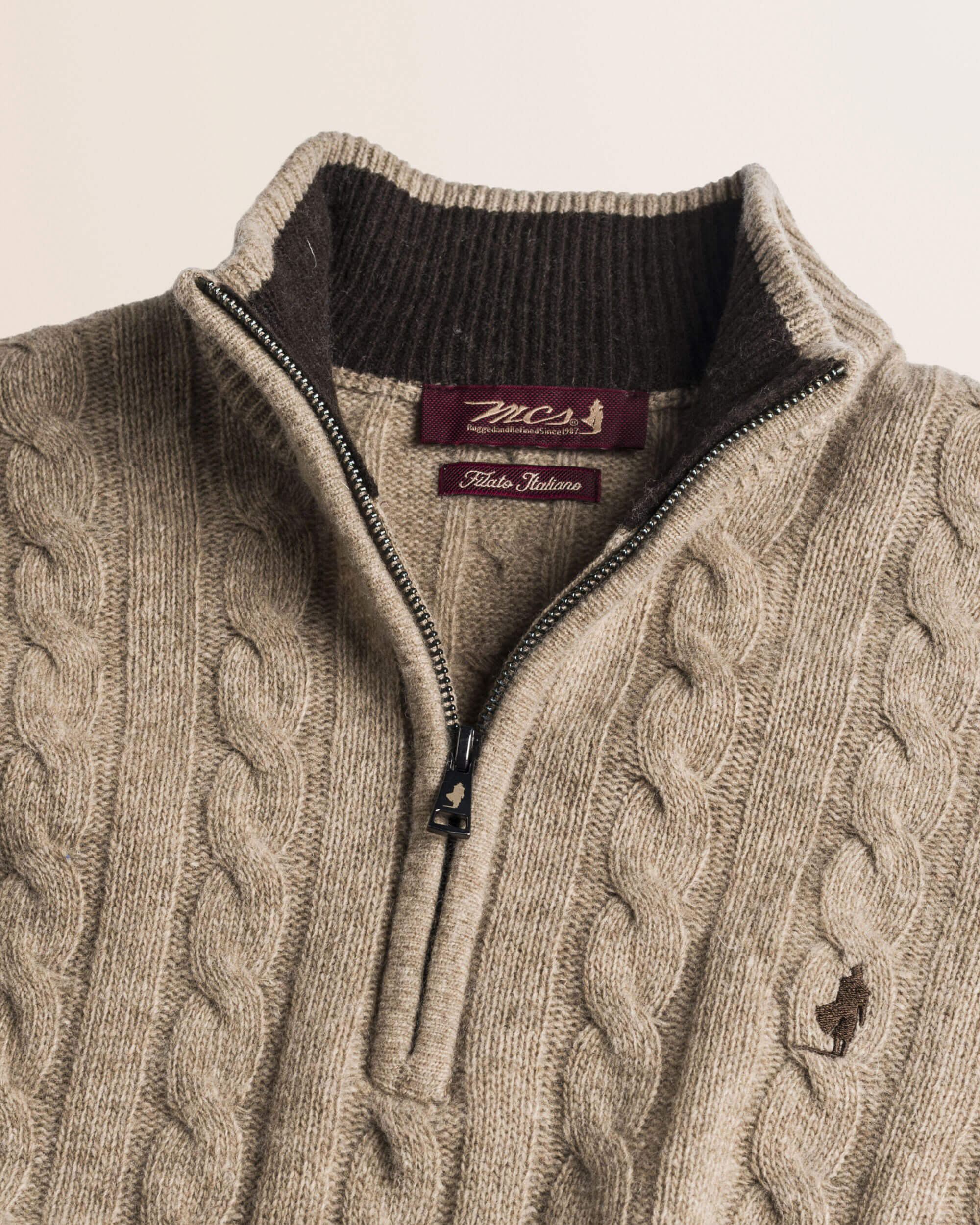 Maglione Mezza Zip a Trecce in Lambswool  dettaglio - Sand