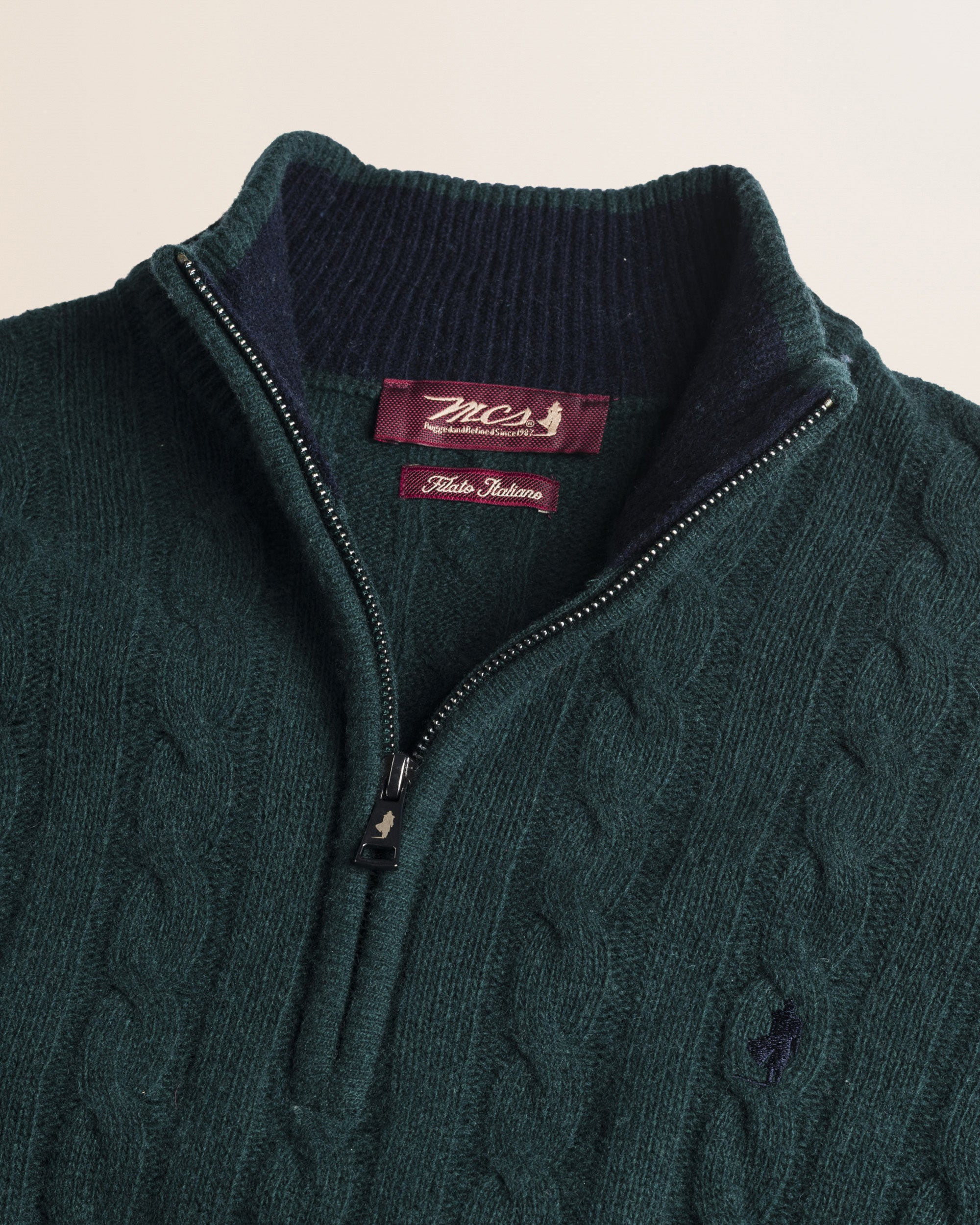 Maglione Mezza Zip a Trecce in Lambswool  dettaglio - Ponderosa Pine