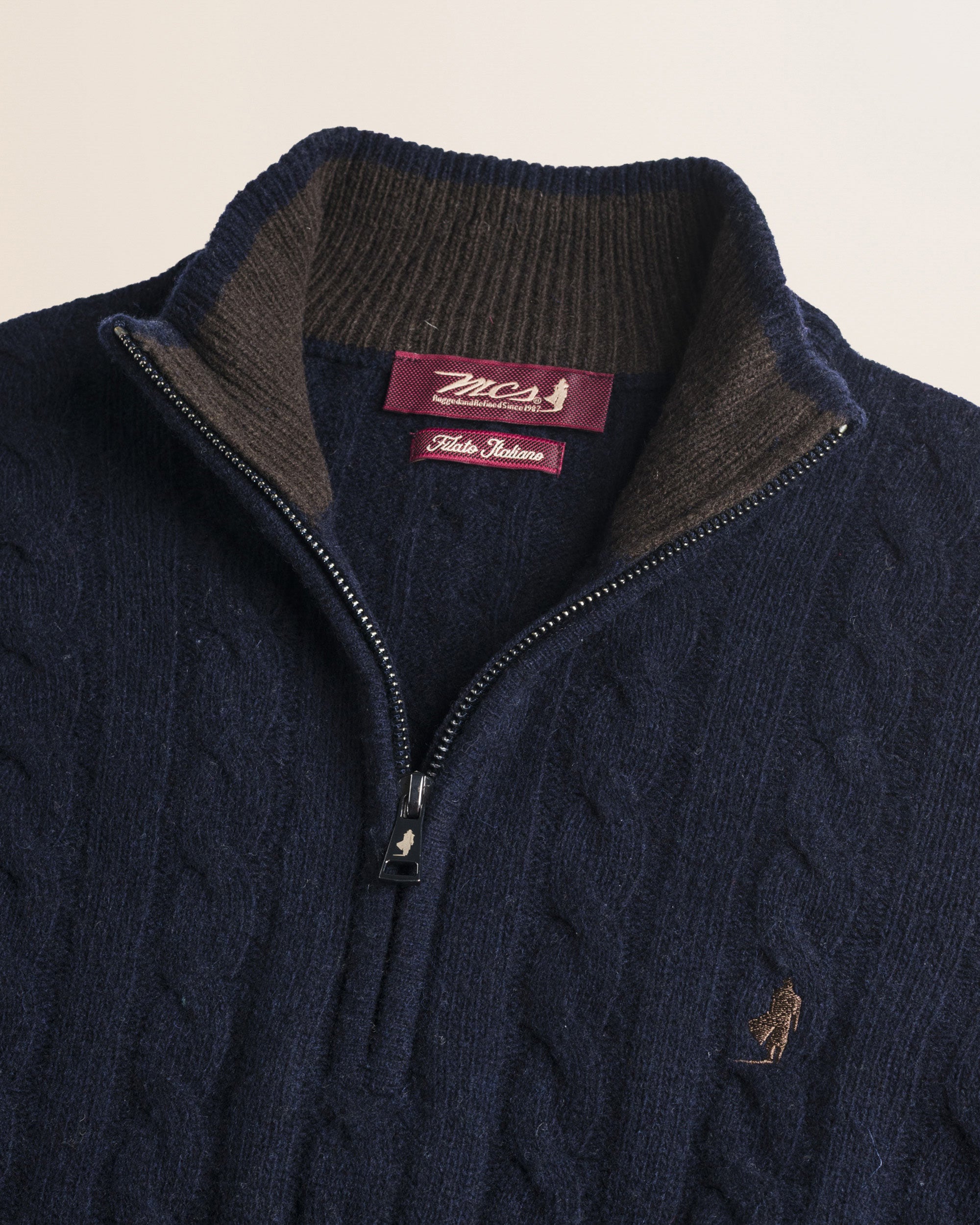 Maglione Mezza Zip a Trecce in Lambswool  dettaglio - Navy Blue