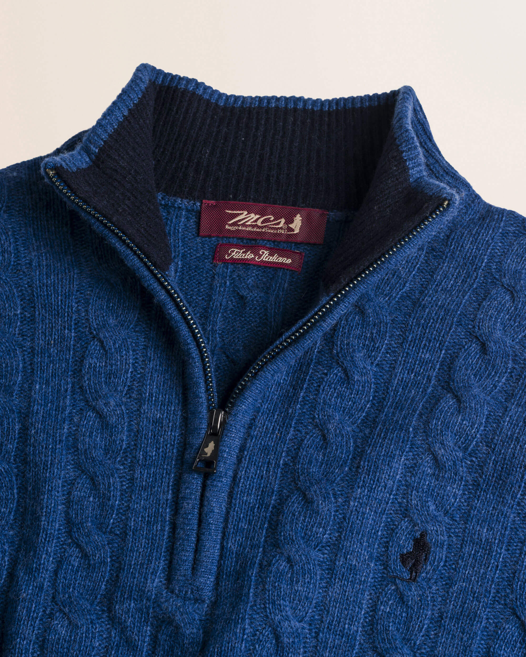 Maglione Mezza Zip a Trecce in Lambswool  dettaglio - Medium Blue