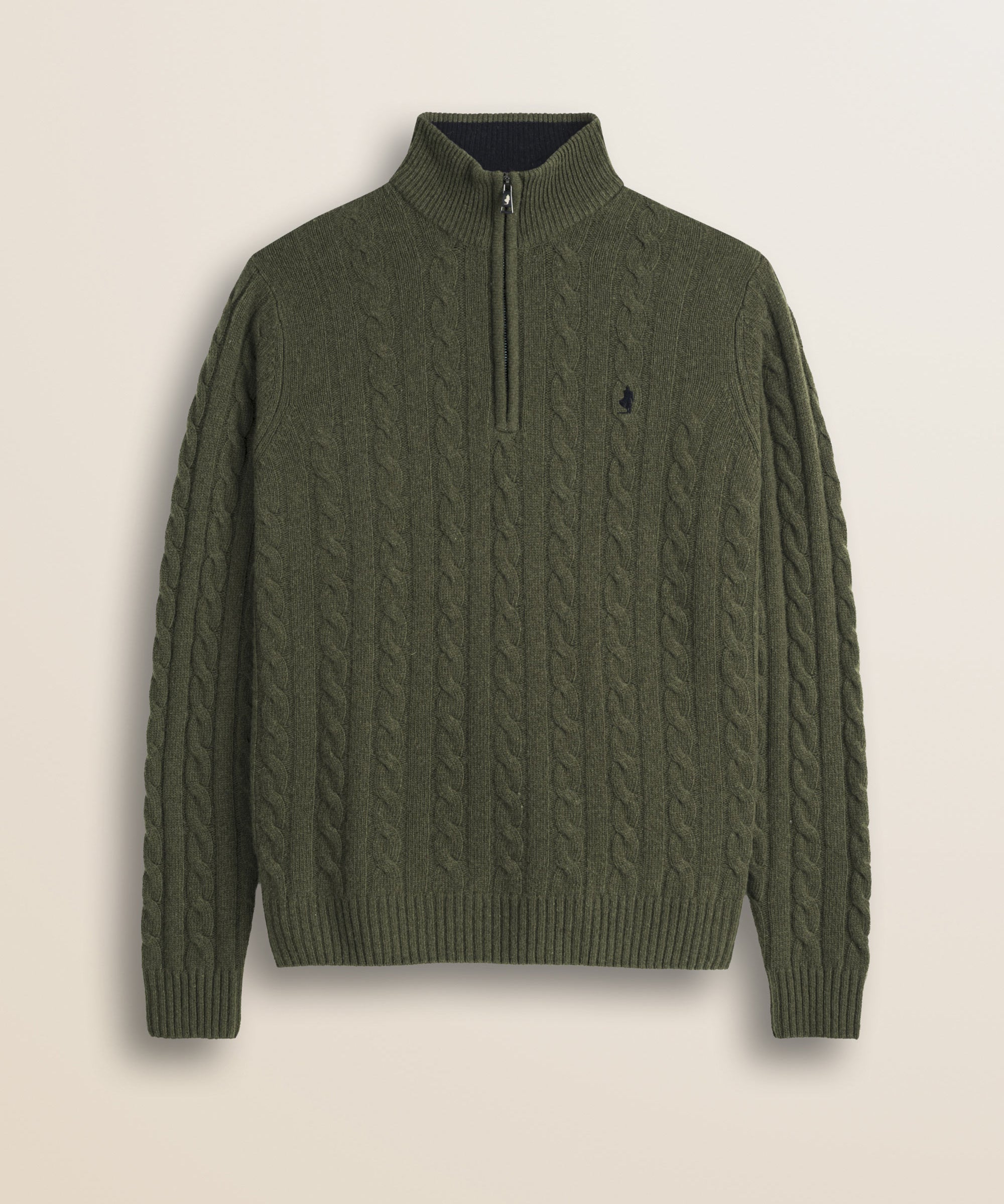 Maglione Mezza Zip a Trecce in Lambswool  fronte - Olive Night