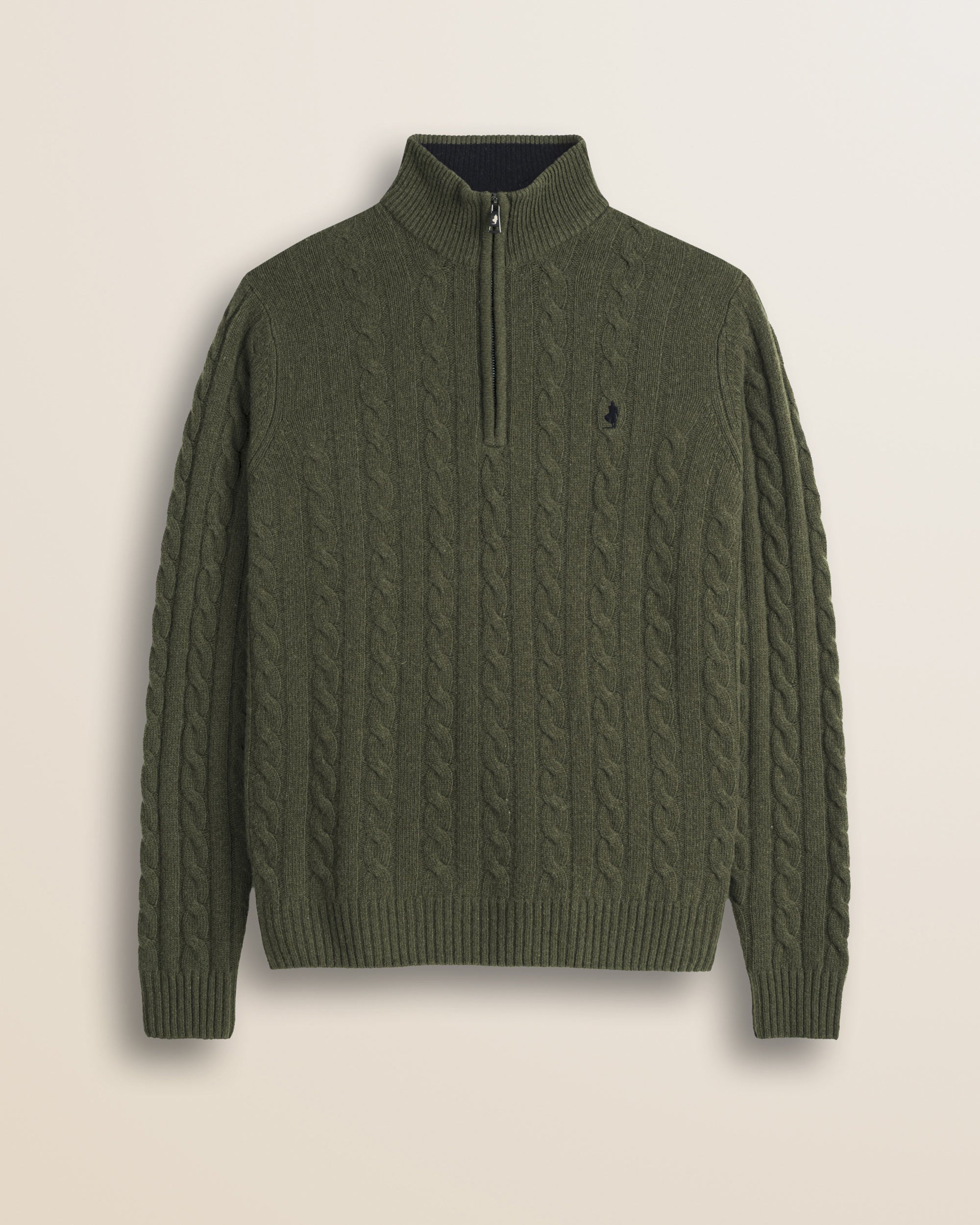 Maglione Mezza Zip a Trecce in Lambswool  fronte - Olive Night