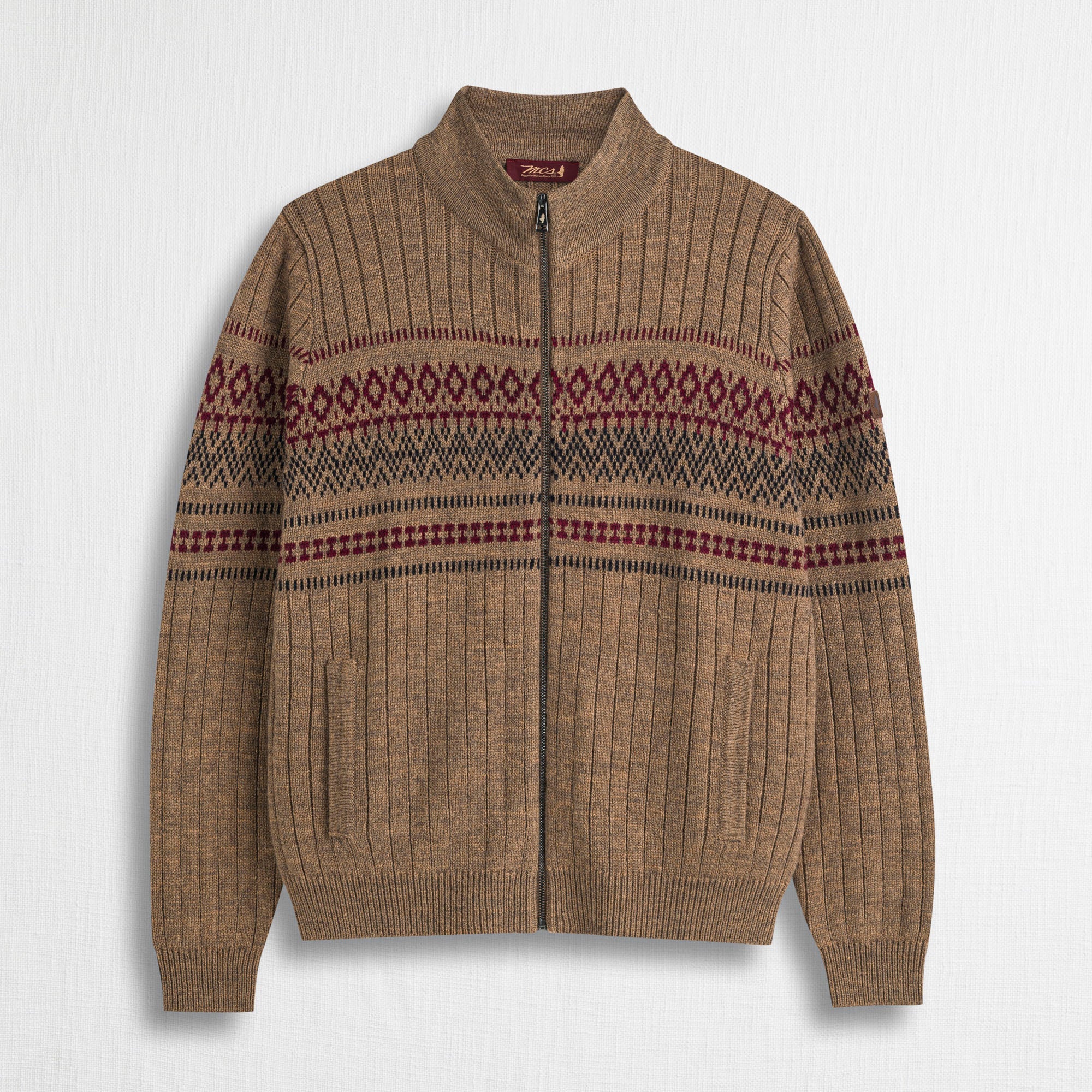 Cardigan Full Zip Jacquard Collo Alto - Sand
