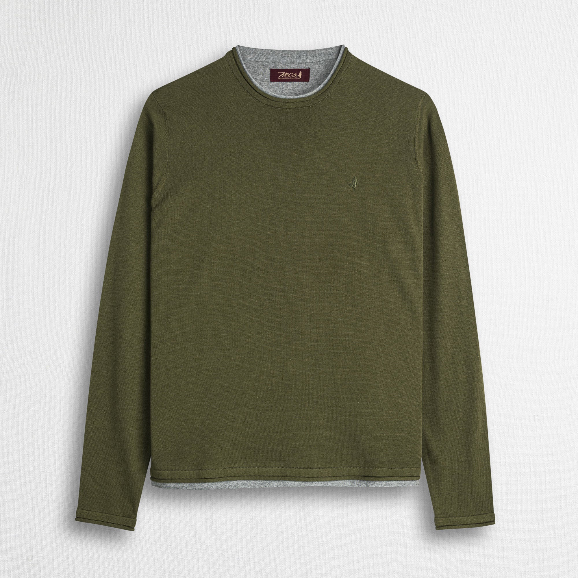 Maglia 100% cotone girocollo con dettagli in jersey - Dark Olive